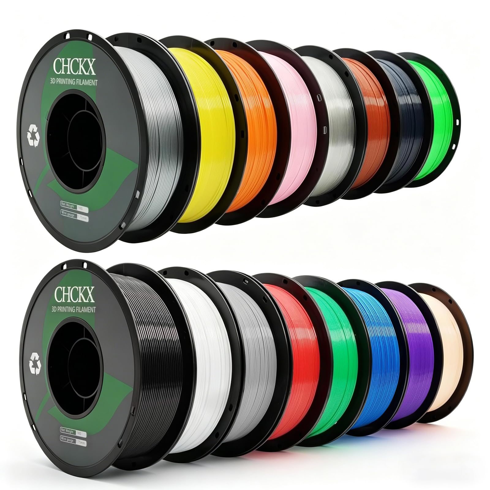 CHCKX 16Rolls PETG Filament Bundle Filament Bulk,1.75 mm Black+White+Grey+Red+Green+Blue+Purple+Skin+Silver+Yellow+Transparent+C