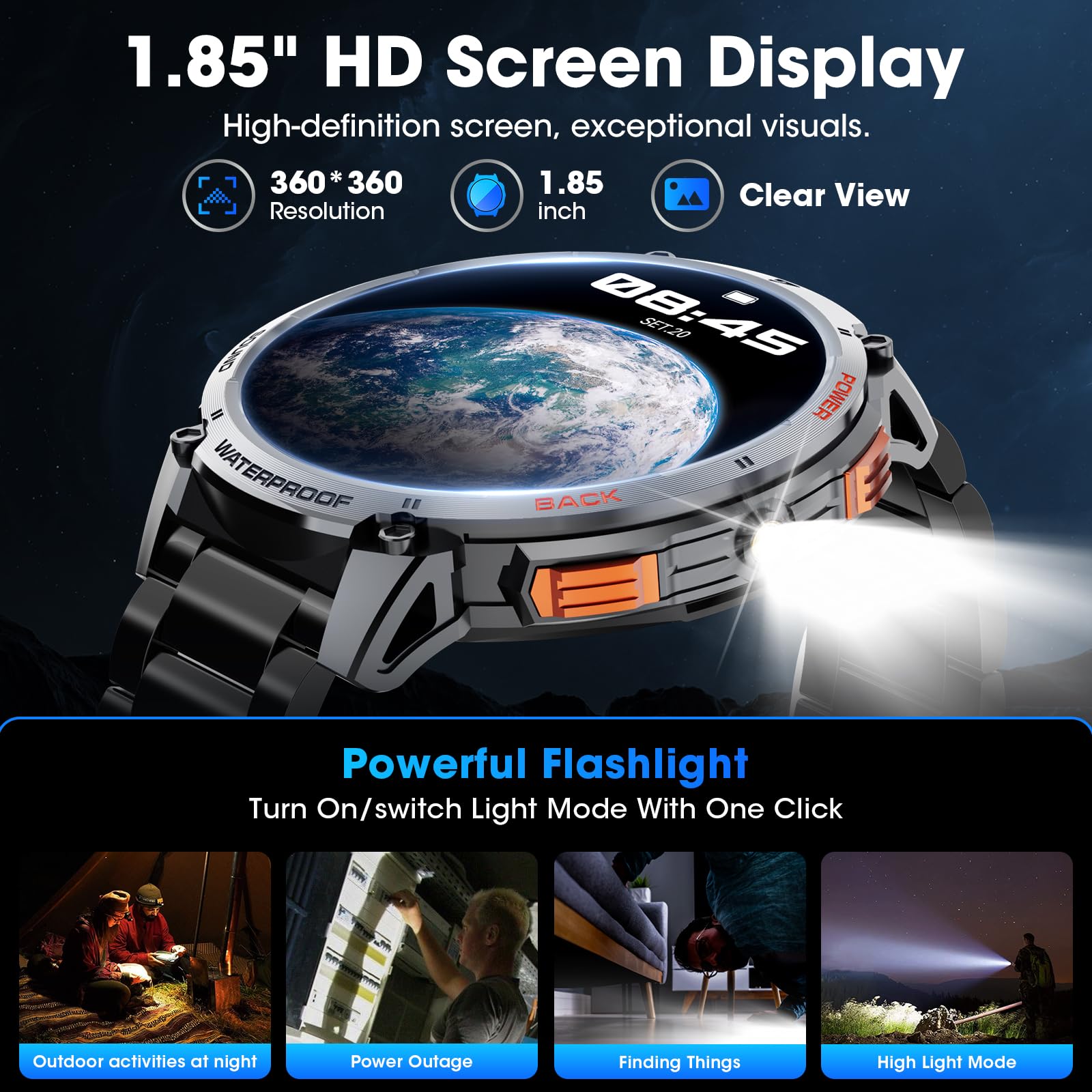 Military Smart Watch For Men 1.85'' Hd Touch Screen 730Mah Battery Smart Watches With Led Flashlight For Android Ios (Bluetooth