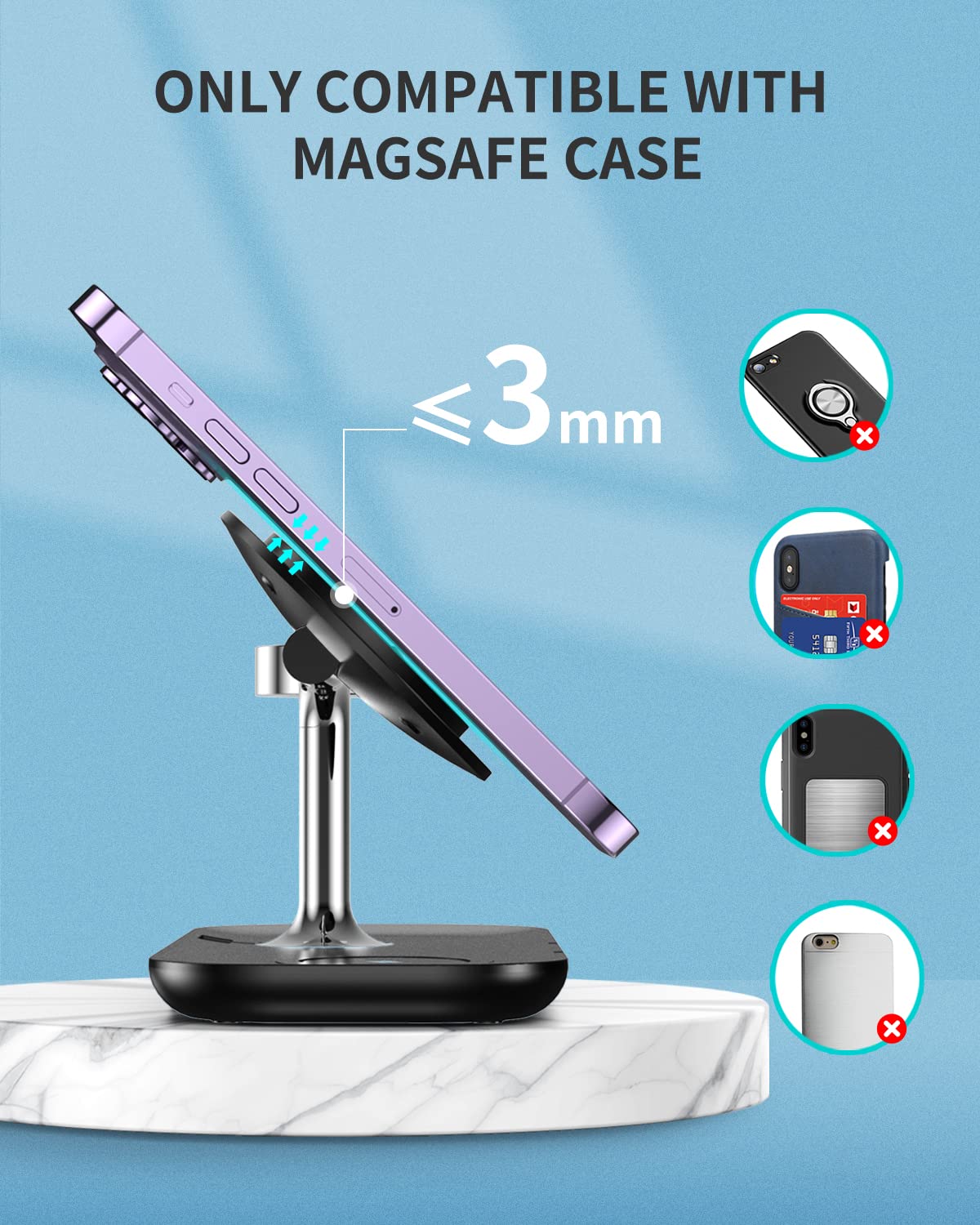 Makaqi 3 In 1 Mag Safe Charging Station, Wireless Charger Stand Compatible With Magsafe Charger Iphone 14/13/12, Fast Charging S