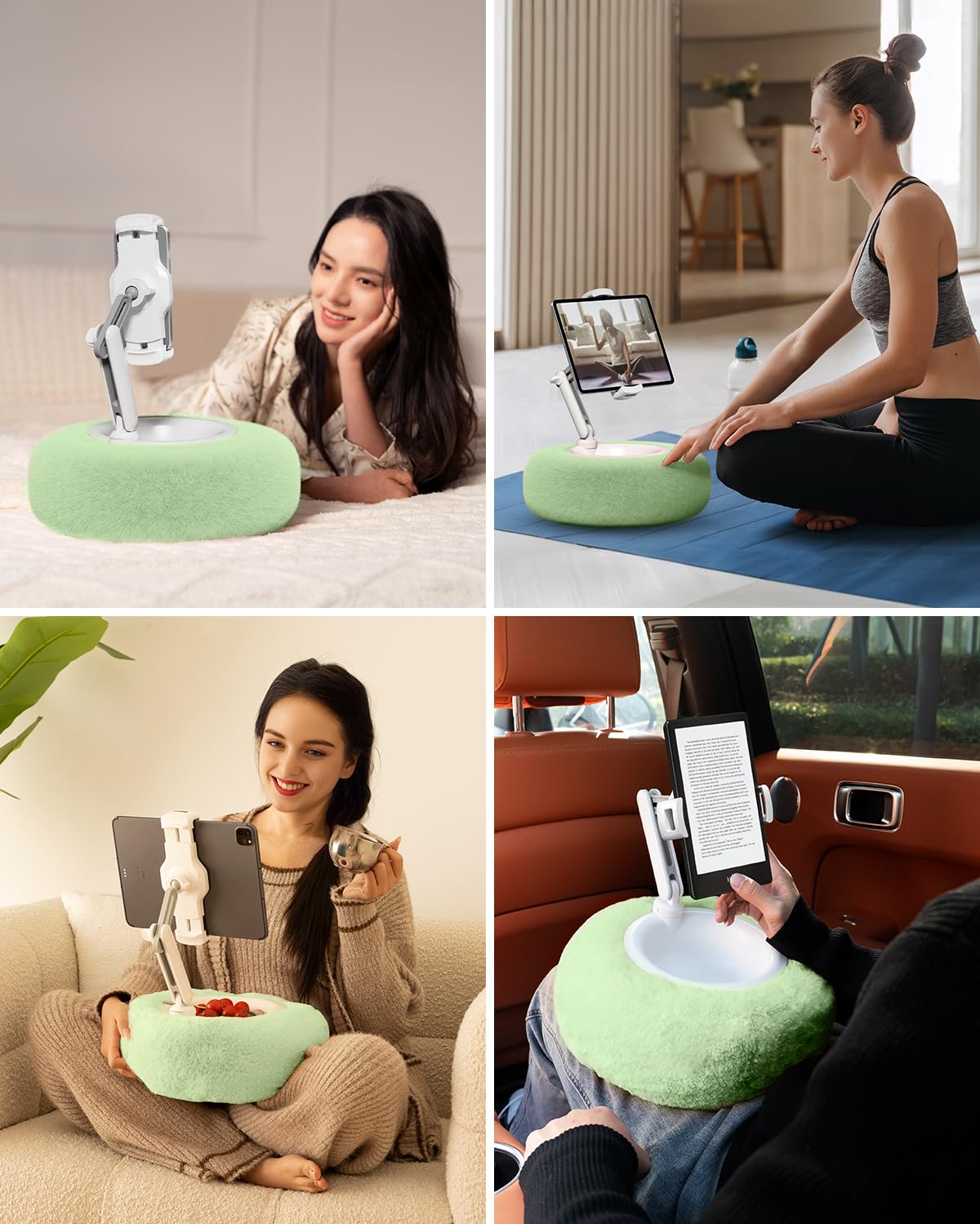 Viozon Tablet Stand Pillow, Compatible with 4.7' 13' Phone/Tablet, iPad, iPhone, Samsung, Google, Kindle, 360�Adjustable Phone Holder for Bed with Soft Plush Fabric, and Detachable Bowl, Green