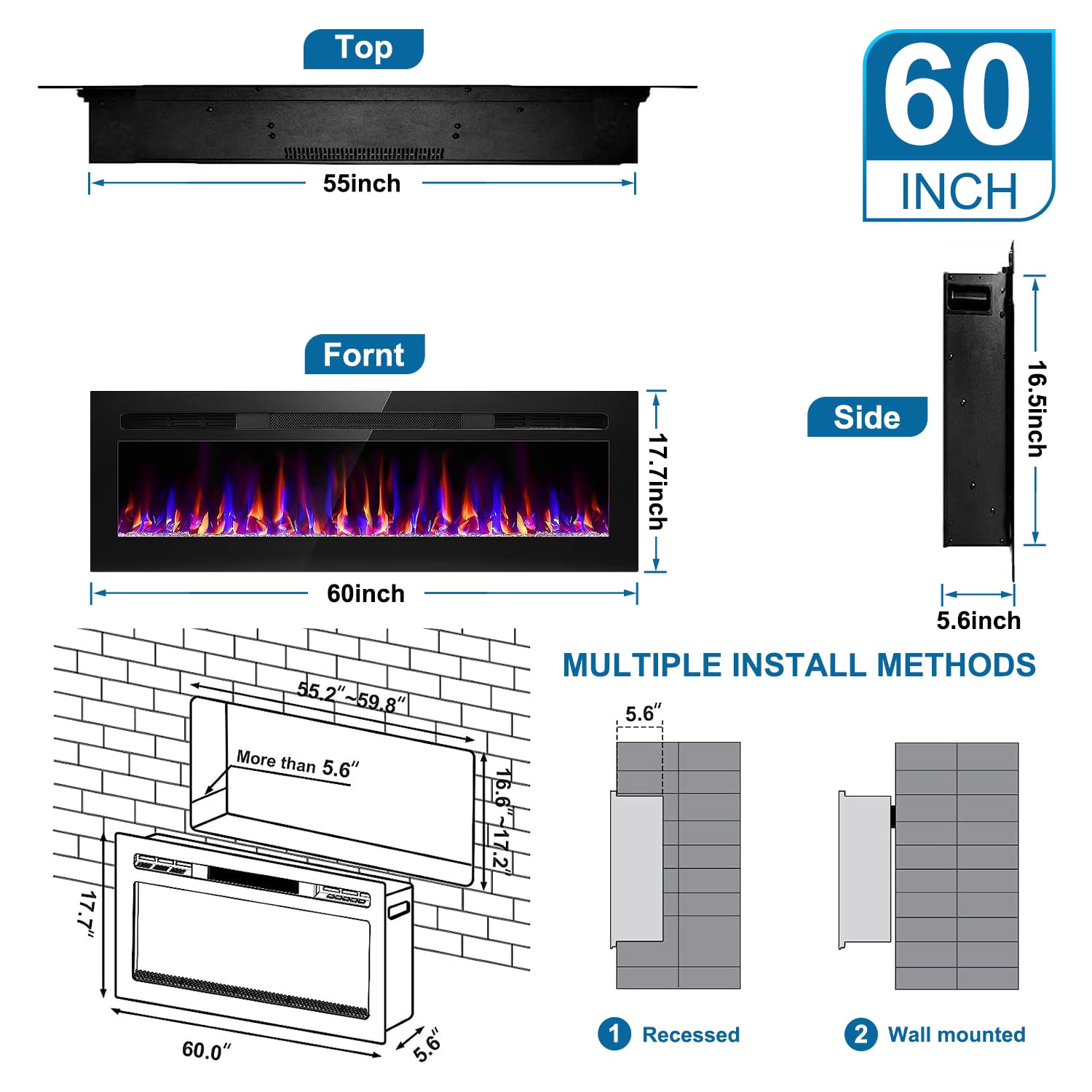 60 Inch Electric Fireplace Recessed And Wall Mounted, Fireplace Heater And Linear Fireplace, Ultra Thin Electric Fireplace, Low