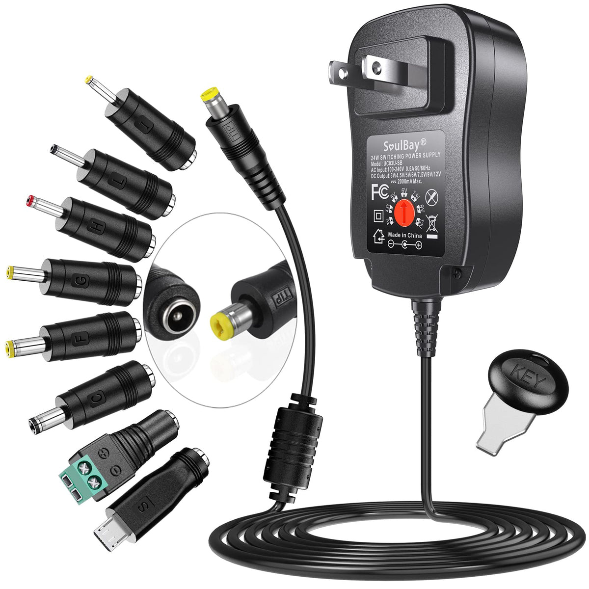 Soulbay 24W Universal Ac/Dc Adapter 12V 9V 7.5V 6V 5V 4.5V 3V Regulated Switching Power Supply With 8 Selectable Plugs For Led Strip Light Camera Keyboard Speaker Scale Recorder Massager, 2A Output