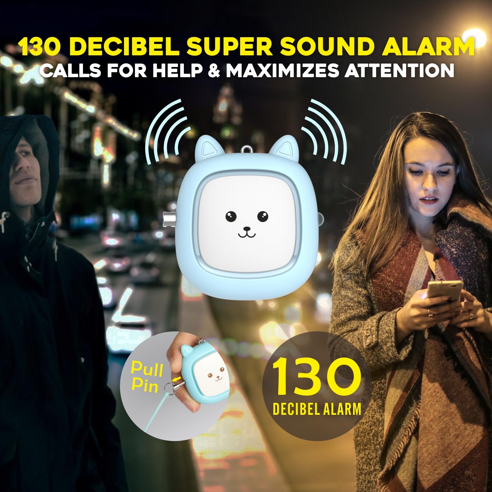 Personal Alarm, Funseeya Keychain Accessories With Personal Sound Siren, Cute Pom Pom, Locking Carabiner Clip And Whistle