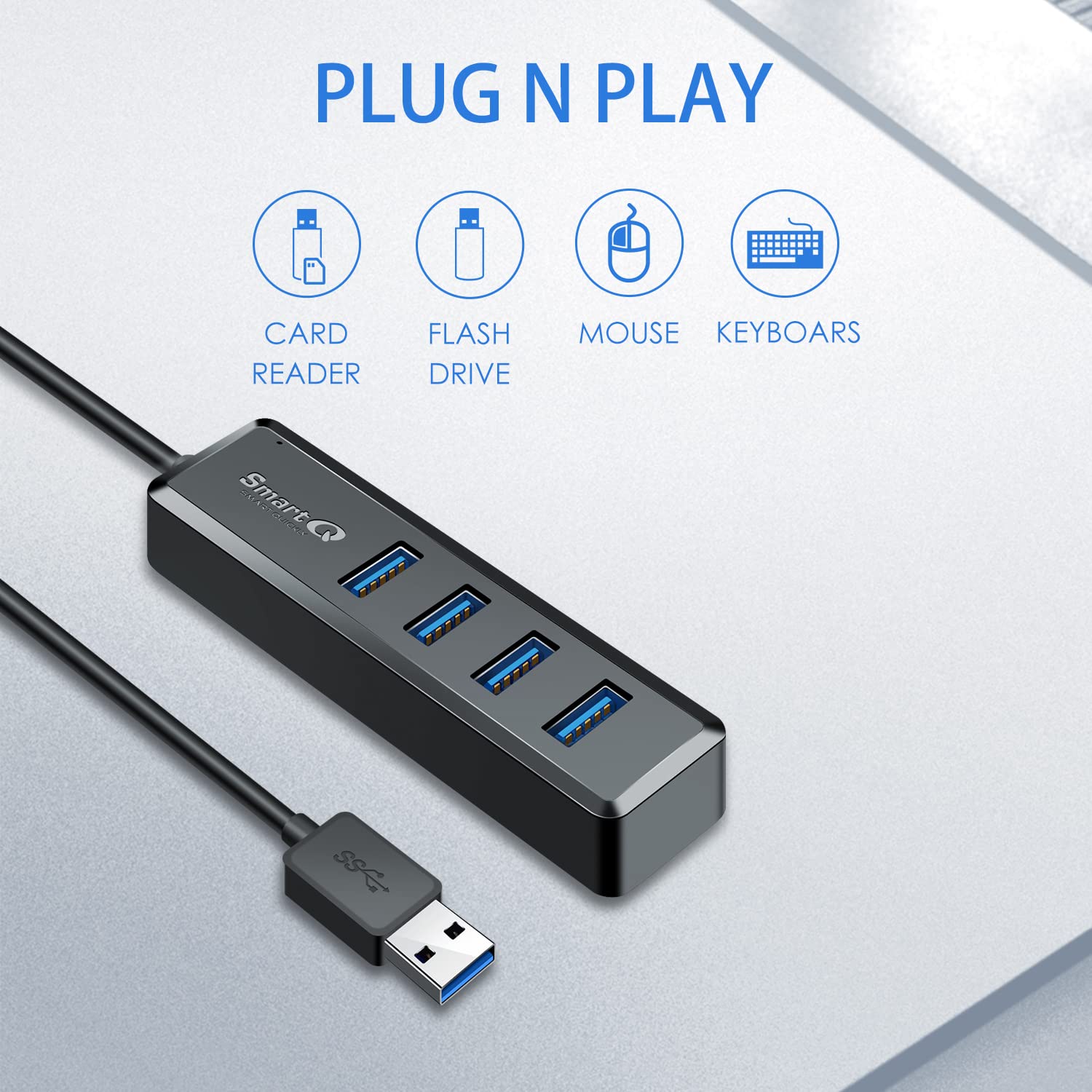 Smartq H302S Usb 3.0 Hub For Laptop With 2Ft Long Cable, Multi Usb Port Expander, Fast Data Transfer Usb Splitter For Laptop, Co