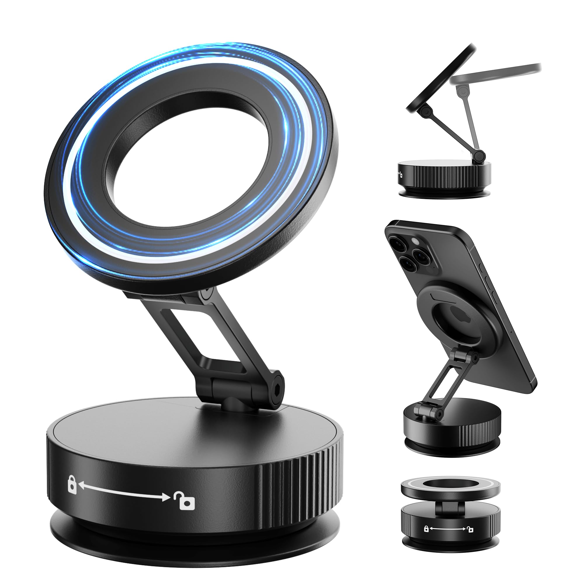 Hohosb Vacuum Magnetic Phone Holder For Magsafe,Foldable Metal Suction Cup Phone Mount,360 Rotatable Phone Mount For All Smartph
