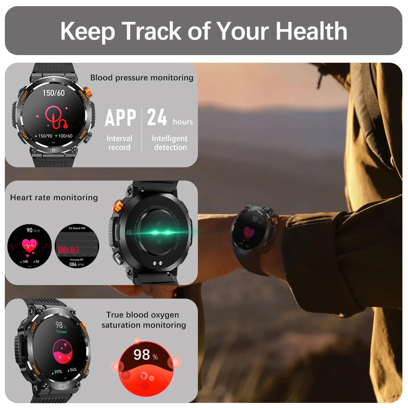 Military Smart Watch For Men Answer/Make Call, Outdoor Waterproof Tactical Sports Smartwatch With Led Flashlight Compass, Heart