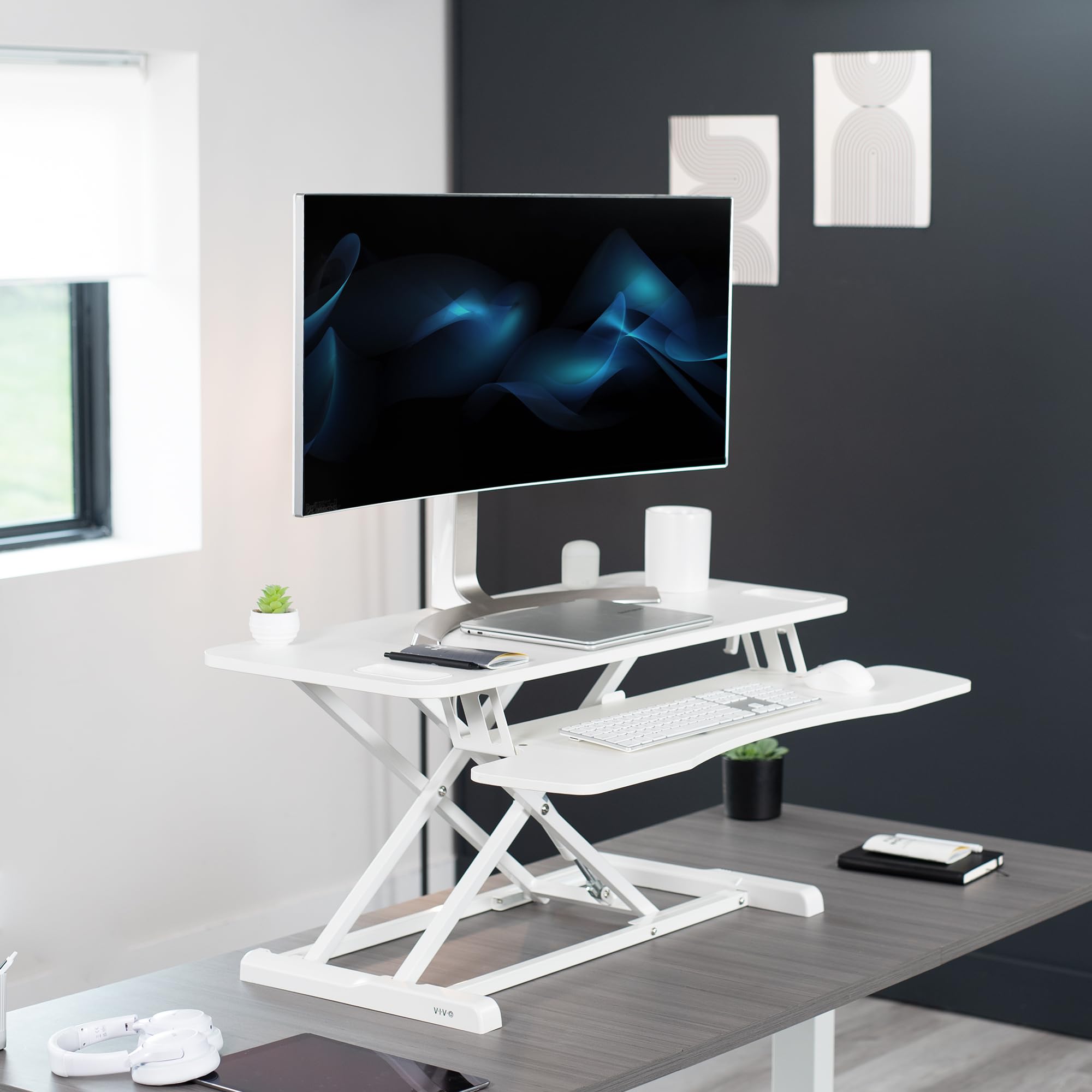 Vivo 38 Inch Desk Converter, K Series, Height Adjustable Sit To Stand Riser, Dual Monitor And Laptop Workstation With Wide Keybo
