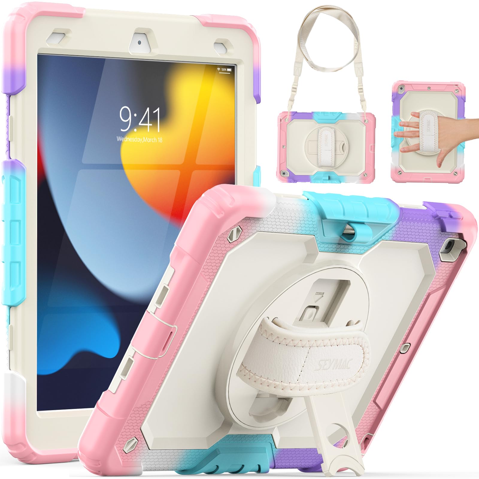 Seymac Kids Case For Ipad 9Th/8Th/7Th Generation Case 10.2', Full Body Shockproof Heavy Duty Protective Case With Screen Protector, Rotating Stand/Handle/Shoulder Strap For Ipad 10.2, Colorful Pink
