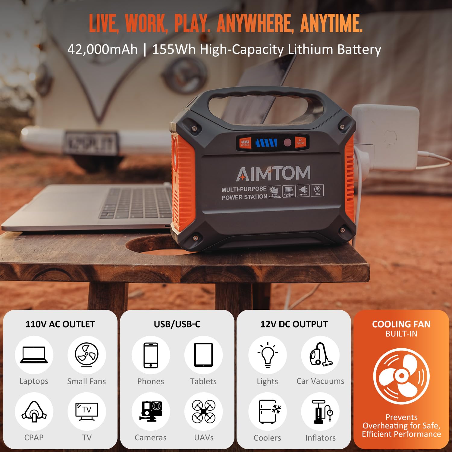 Aimtom 155Wh Portable Power Station, 42000Mah Lithium Backup Battery With Flashlight, Solar Charging Option - 150W Peak (100W Ac