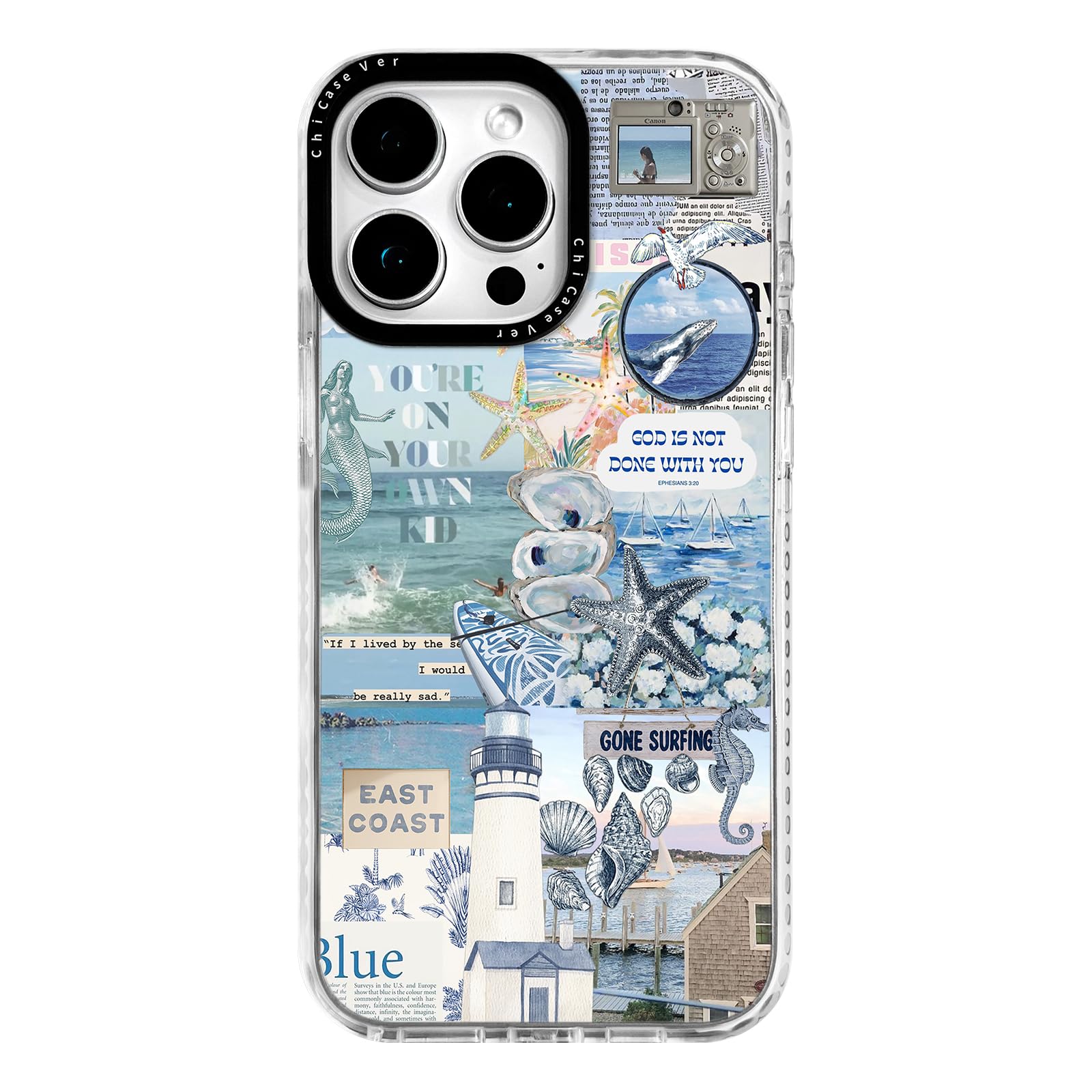 ChiCaseVer for iPhone 13 & iPhone 14 Case, Nostalgic Beach Collage Pattern, Beach Soft Slim TPU Compatible with MagSafe, Militar
