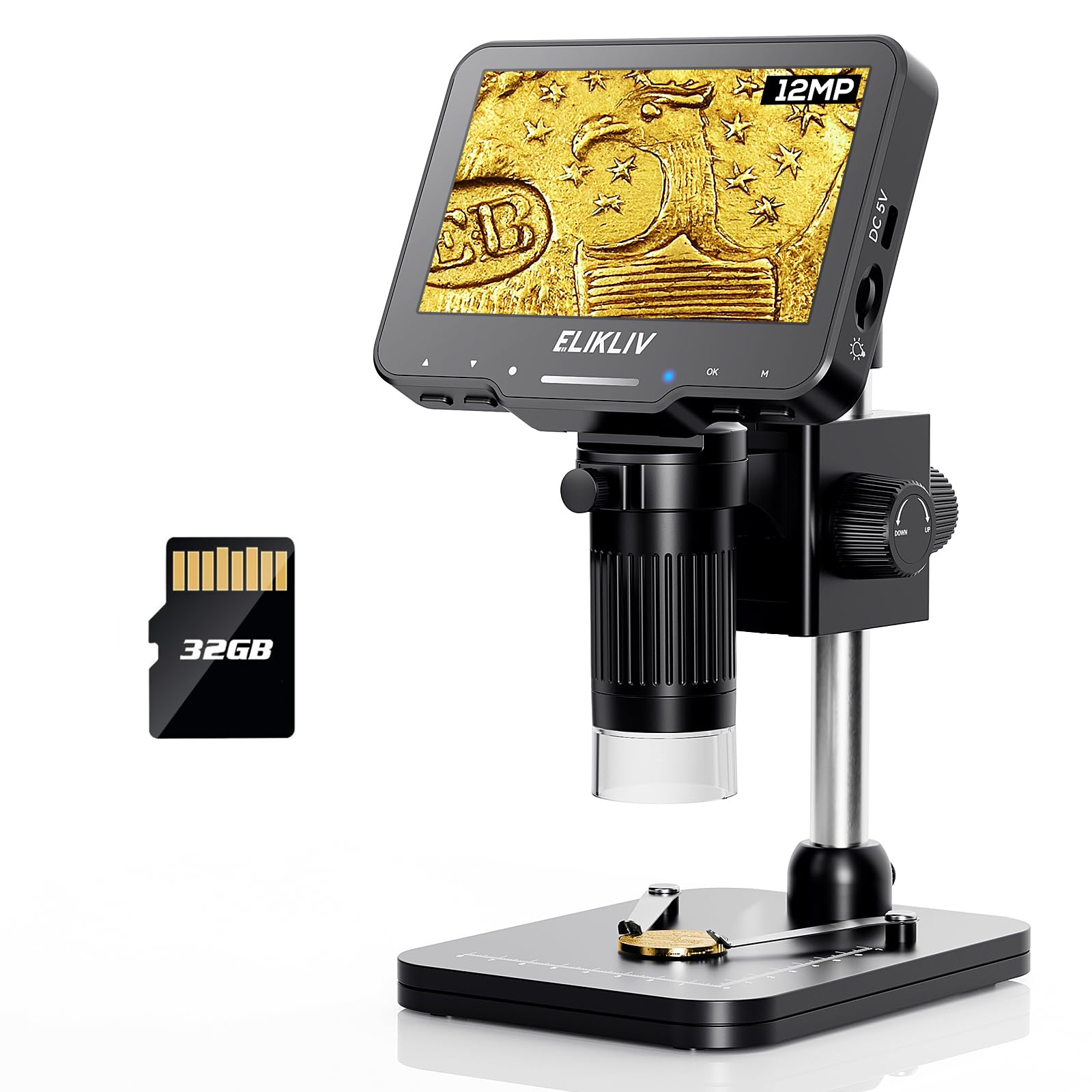 Elikliv Coin Microscope Edm4 Max, 4.3'' Lcd Digital Microscope1000X, Coin Magnifier With 8 Adjustable Led Lights, Coin Microscop