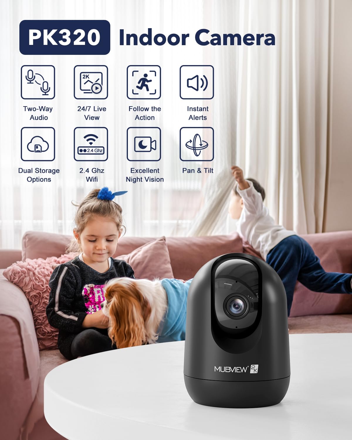 Mubview Cameras For Home Security, Indoor Security Camera, 2.4G Wifi Wired Camera Ideal For Dog/Elder/Baby, Motion Tracking, Two