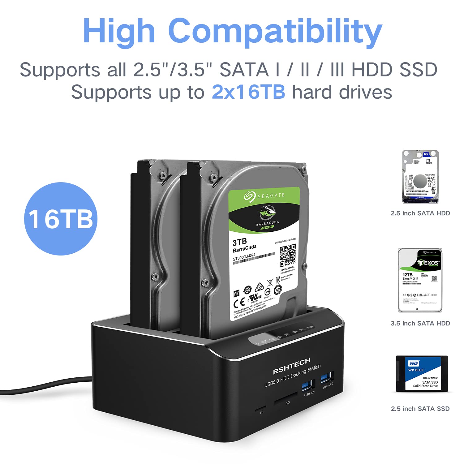 Hard Drive Docking Station Rshtech Usb 3.0 Aluminum Dual Bay Hard Drive Dock For 2.5'' & 3.5'' Sata Hdd Ssd With Sd/Micro Sd Car