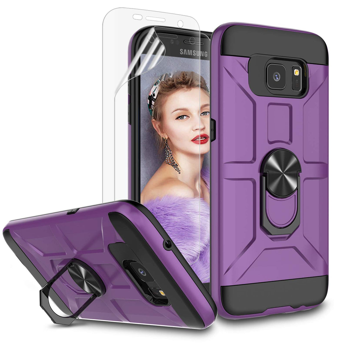 Galaxy S7 Edge Case, S7 Edge Case With Hd Screen Protector, Jelly 360 Rotatable Metal Ring Holder Kickstand [Work With Magnetic