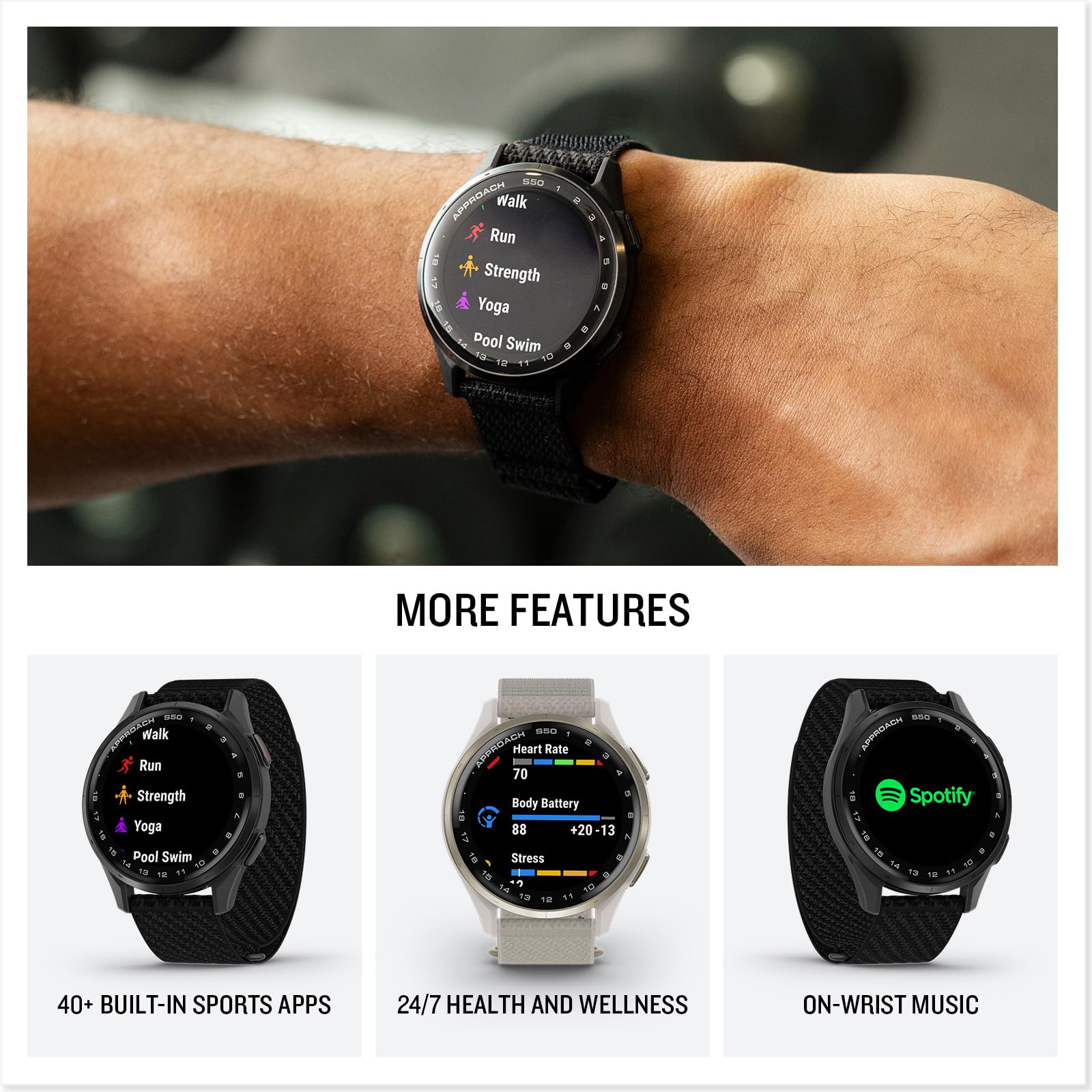 Garmin Approach S50 (Slate/Black) Golf Gps Smartwatch Bundle - 1.2 Amoled Display, On-Course Features, Wrist Heart Rate With Pla