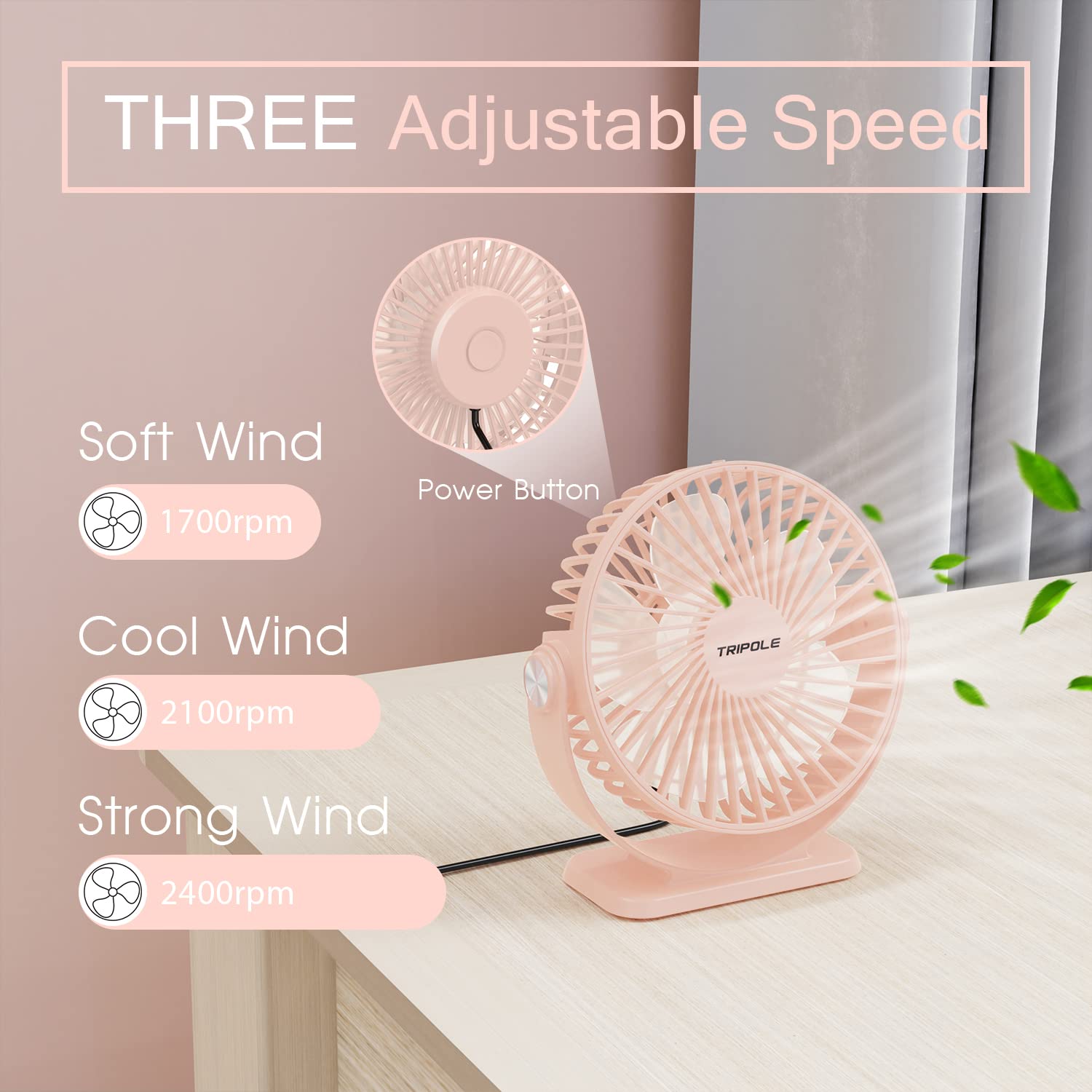 Tripole Mini Desk Fan Usb Powered Portable Fan 3 Speeds Strong Airflow Small Fan 360Rotation Personal Fan 5.1 Inch Table Fan For