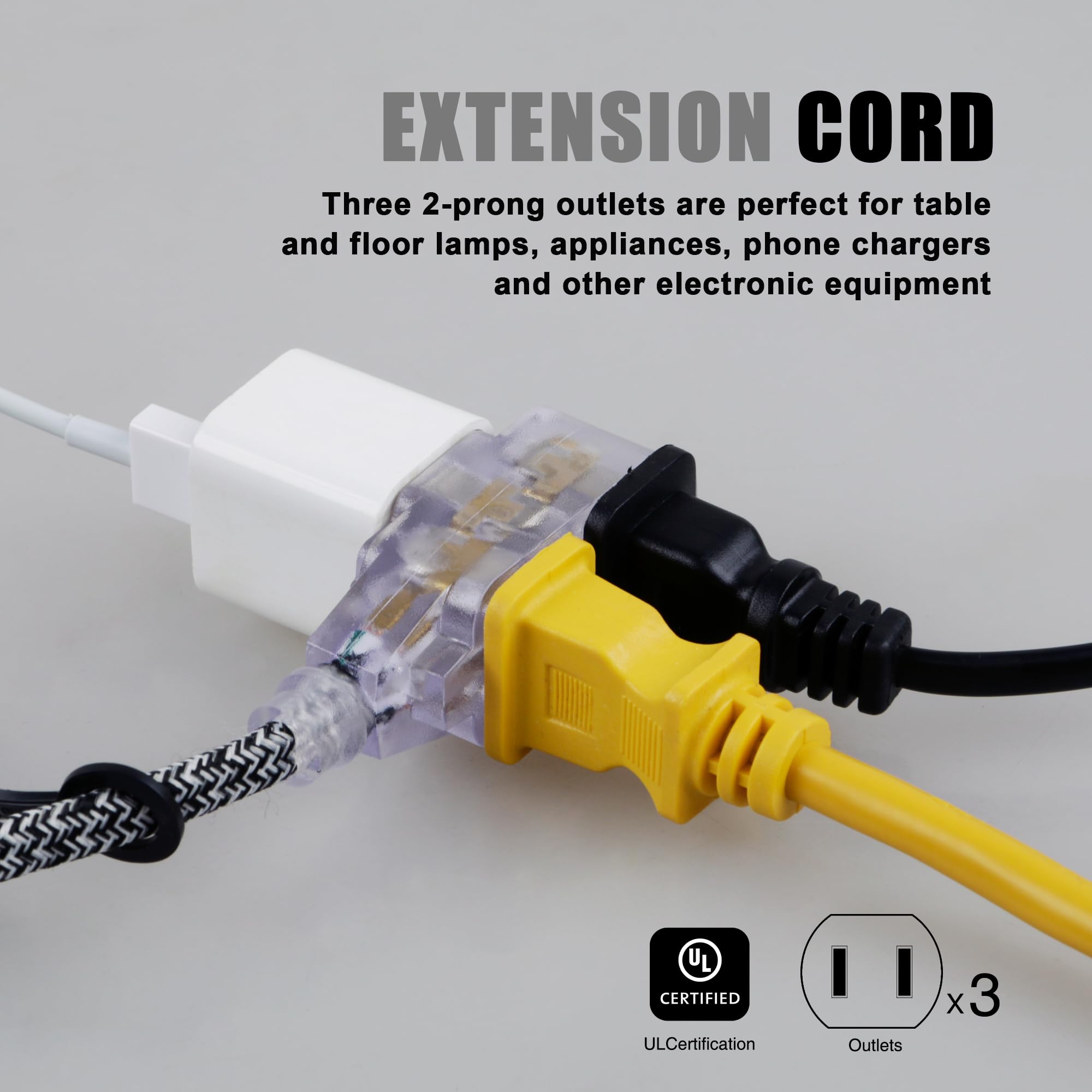 Awletec 2 Pack Extension Cord 3 Outlet, 6 Ft Braided Cable, 3 Polarized Outlets With Safety Cap Protect For Home Office, 16/2 Sp