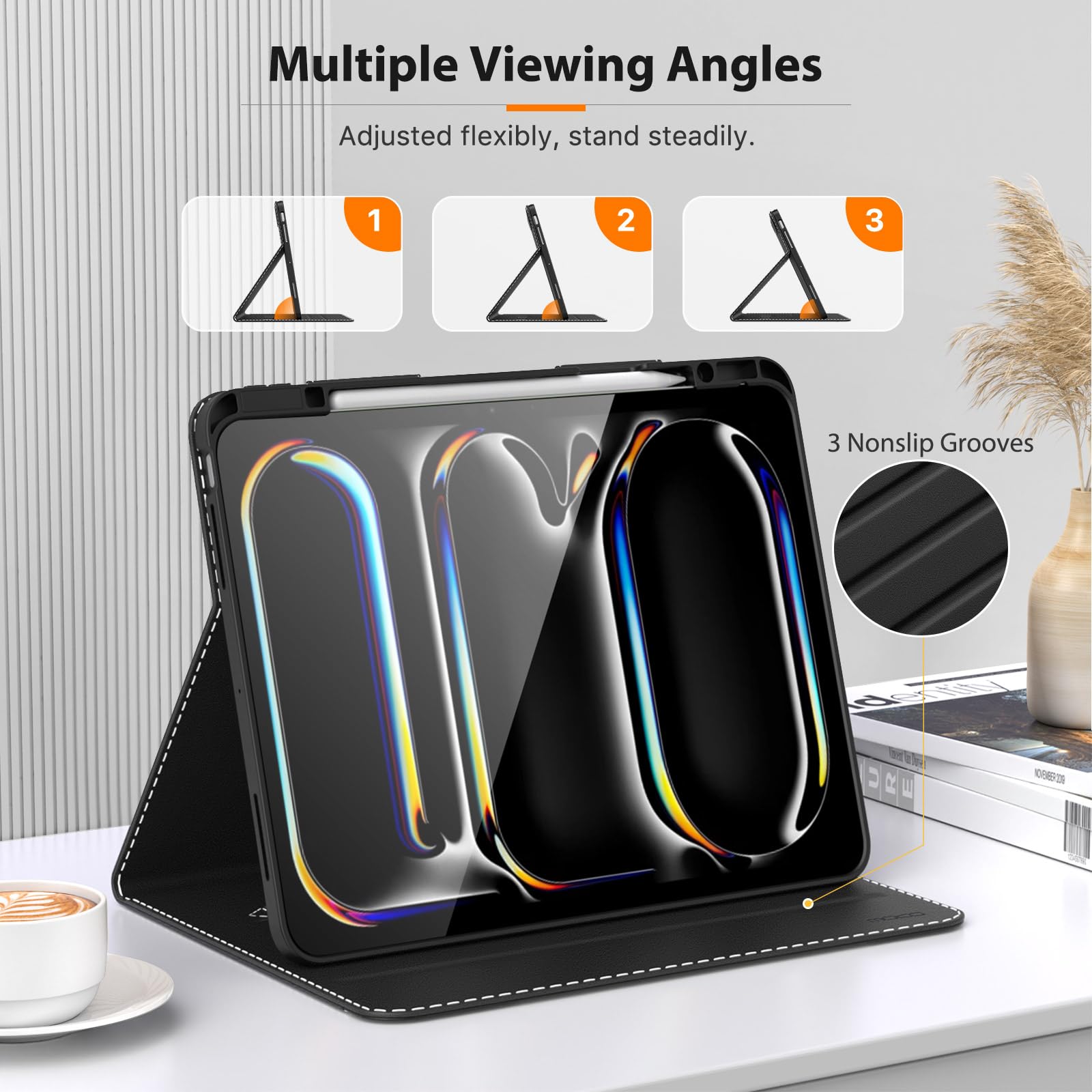 MoKo for iPad Pro 13 Inch Case 2024 (M4) with Pencil Holder & Pocket, Built in Hand Strap, Multi Angle Viewing, Premium PU Leather Folio Cover for iPad Pro 13 2024, Black