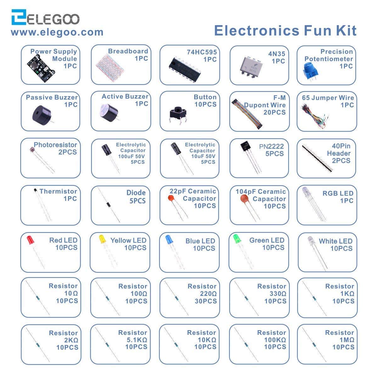 Elegoo Electronic Fun Kit Bundle With Breadboard Cable Resistor, Capacitor, Led, Potentiometer Total 235 Items For Arduino