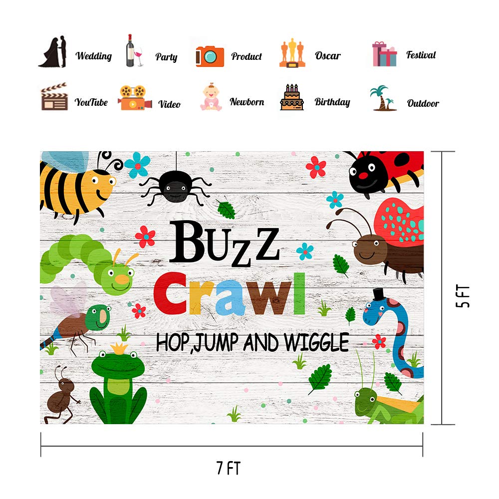 Phmojen 7X5Ft Buzz Crawl Insect Backdrop, Vinyl Hunt Bugs Baby Shower Theme Birthday Party Photography Background, Studio Props