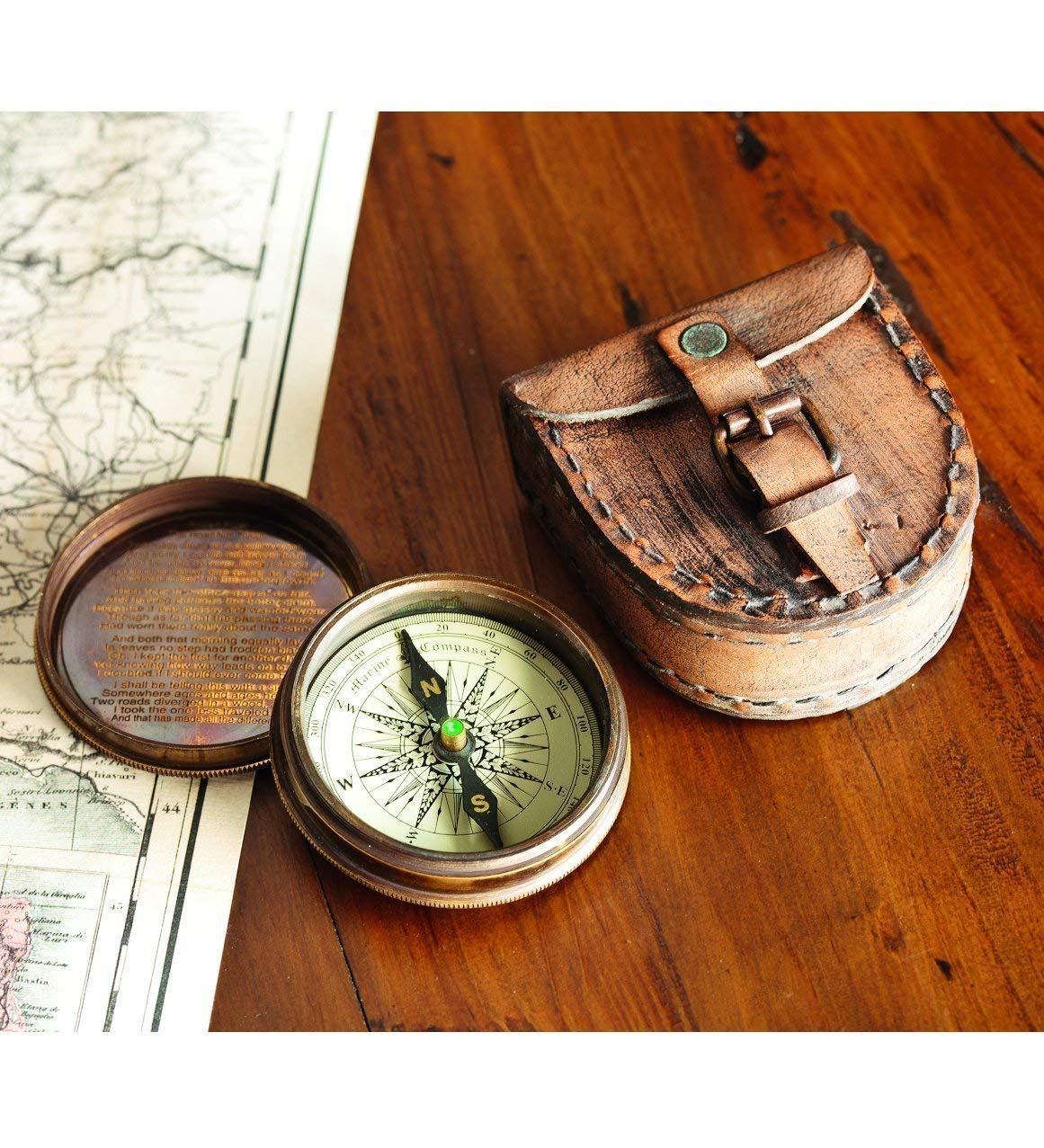 Antiqued Brass Poem Compass With Leather Case