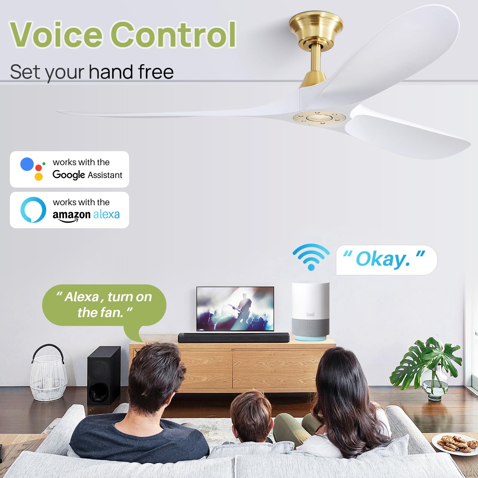 60'' Ceiling Fan No Light, Gold Ceiling Fan With Remote & App Control, 3 Abs Blades 5500 Cfm Smart Wifi Ceiling Fan With Quiet R