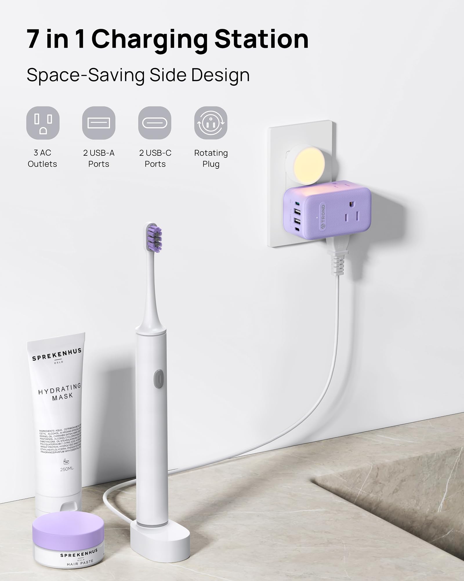 Trond Multi Plug Wall Outlet, 3 Ac Outlet Extender With 360 Rotating Plug, Small Wall Adapter With Pd 20W Usb C, Cute And Durabl