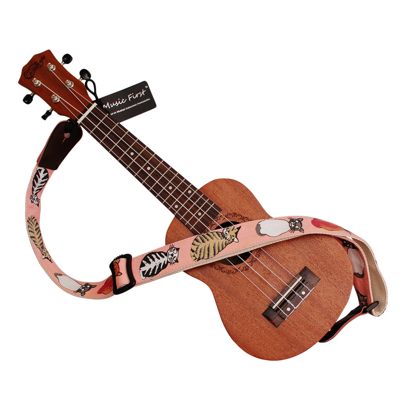 Music First Original Design ''Miss Cat'' Soft Canvas & Genuine Leather Ukulele Strap Ukulele Shoulder Strap