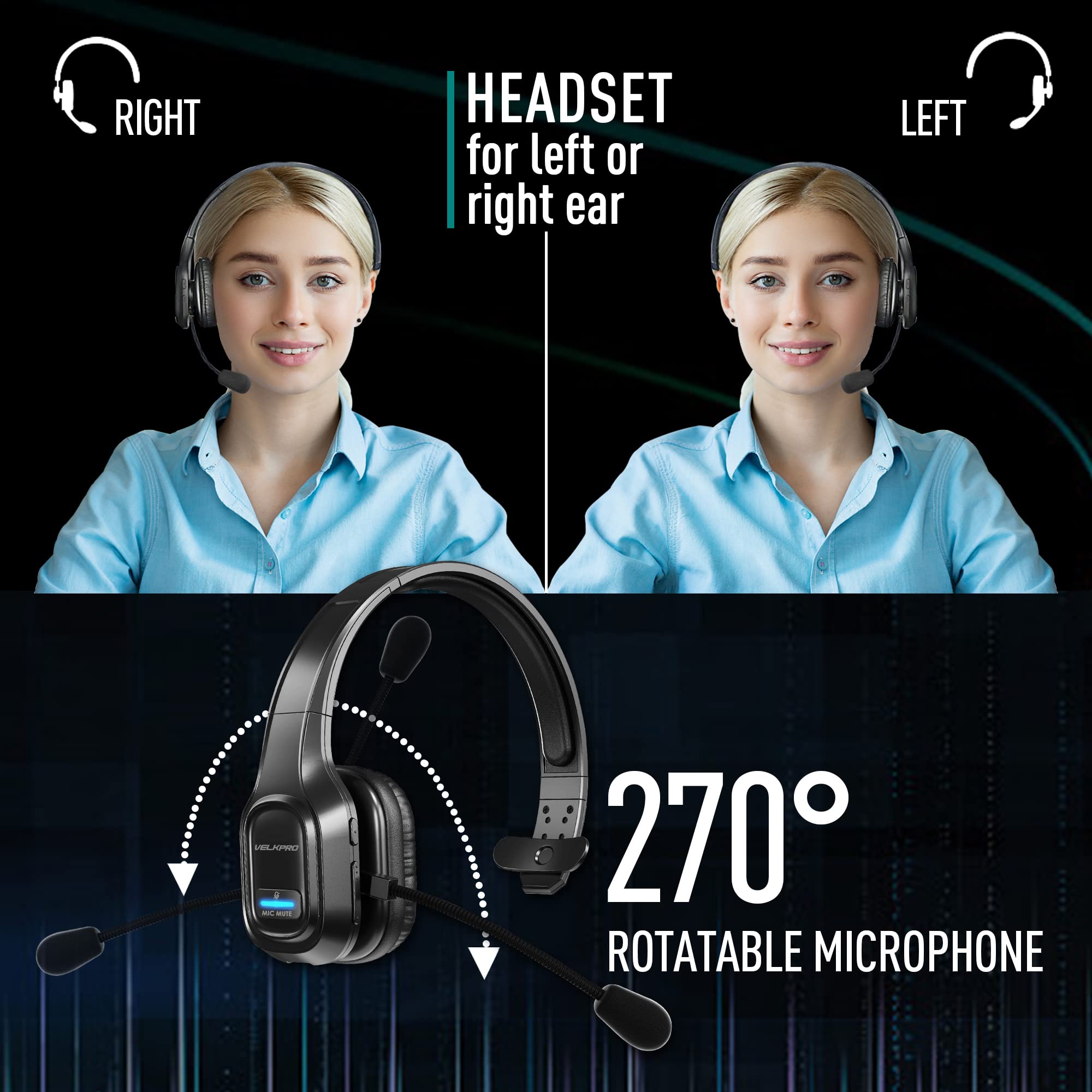 VELKPRO Wireless Headset - Single-Ear Noise-Isolating Microphone, Black, Model VPO-WH, Ideal for Call Centers and Home Office