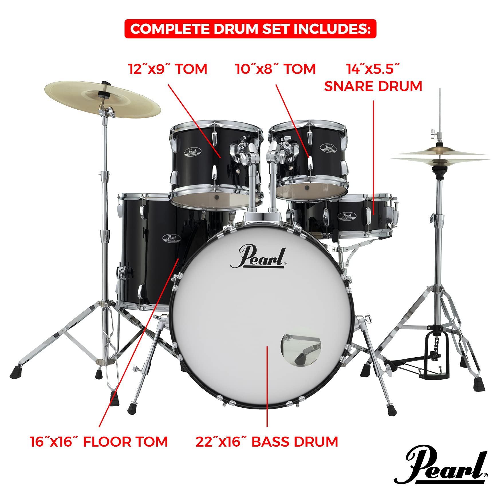 Pearl Roadshow Drum Set 5 Piece Complete Kit With Cymbals And Stands, Jet Black (Rs525Sc/C31)