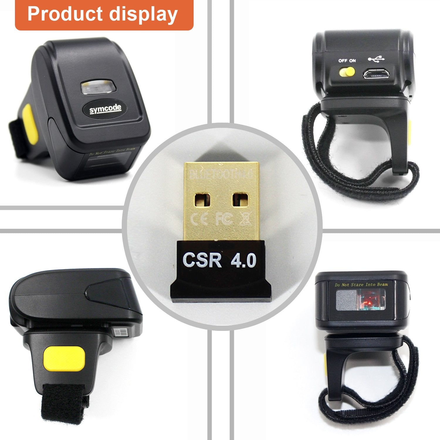 Bluetooth Wireless Ring Barcode Scanner, Portable Wearable Mini Finger 1D Bar Code Reader Work With Windows, Mac Os, Android 4.0