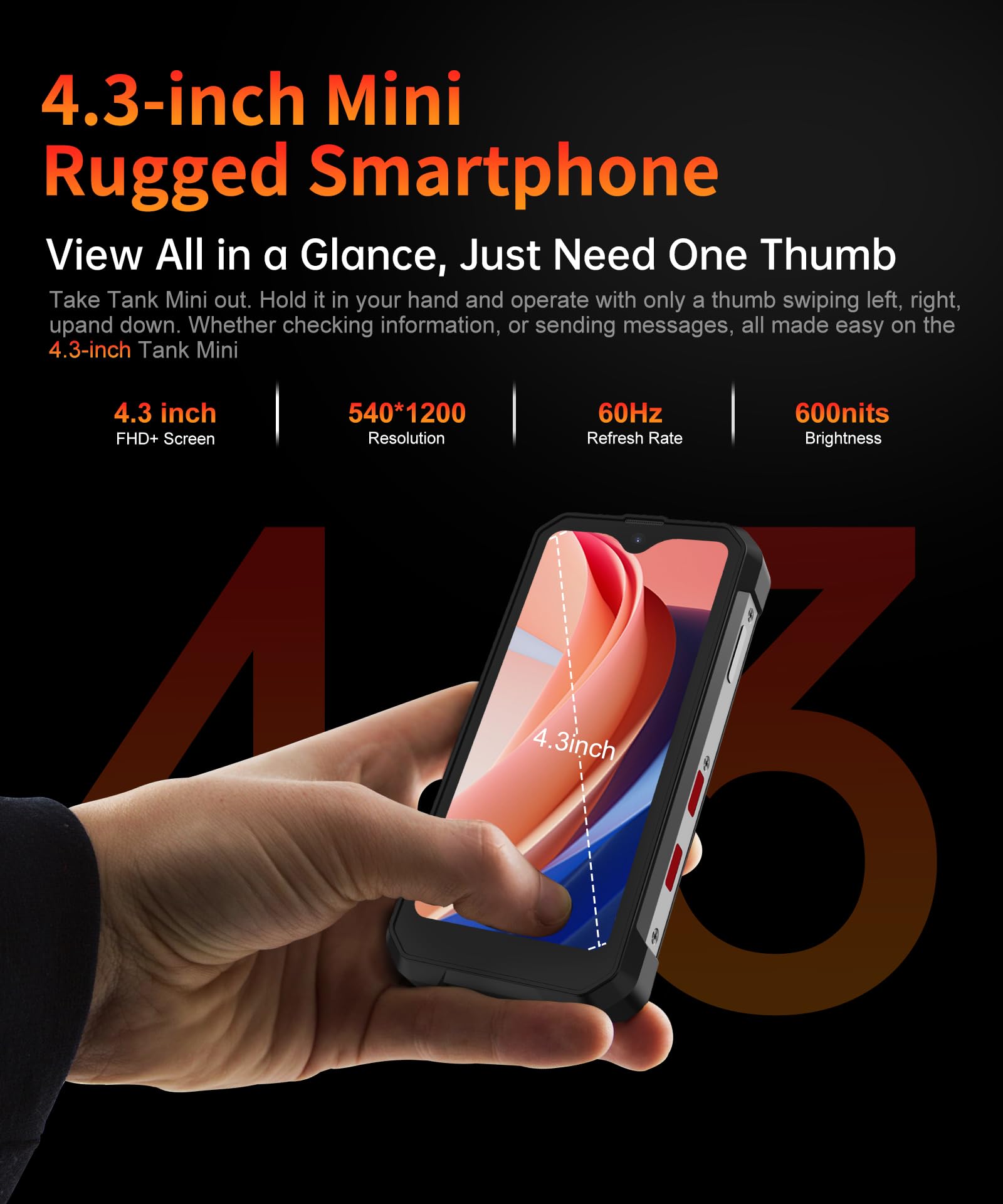 8849Pro Tank Mini, 4.3 Android 13 Outdoor Rugged Smartphone Unlocked, Waterproof 4G Mobile Cell Phones With Camping Light, 15Gb