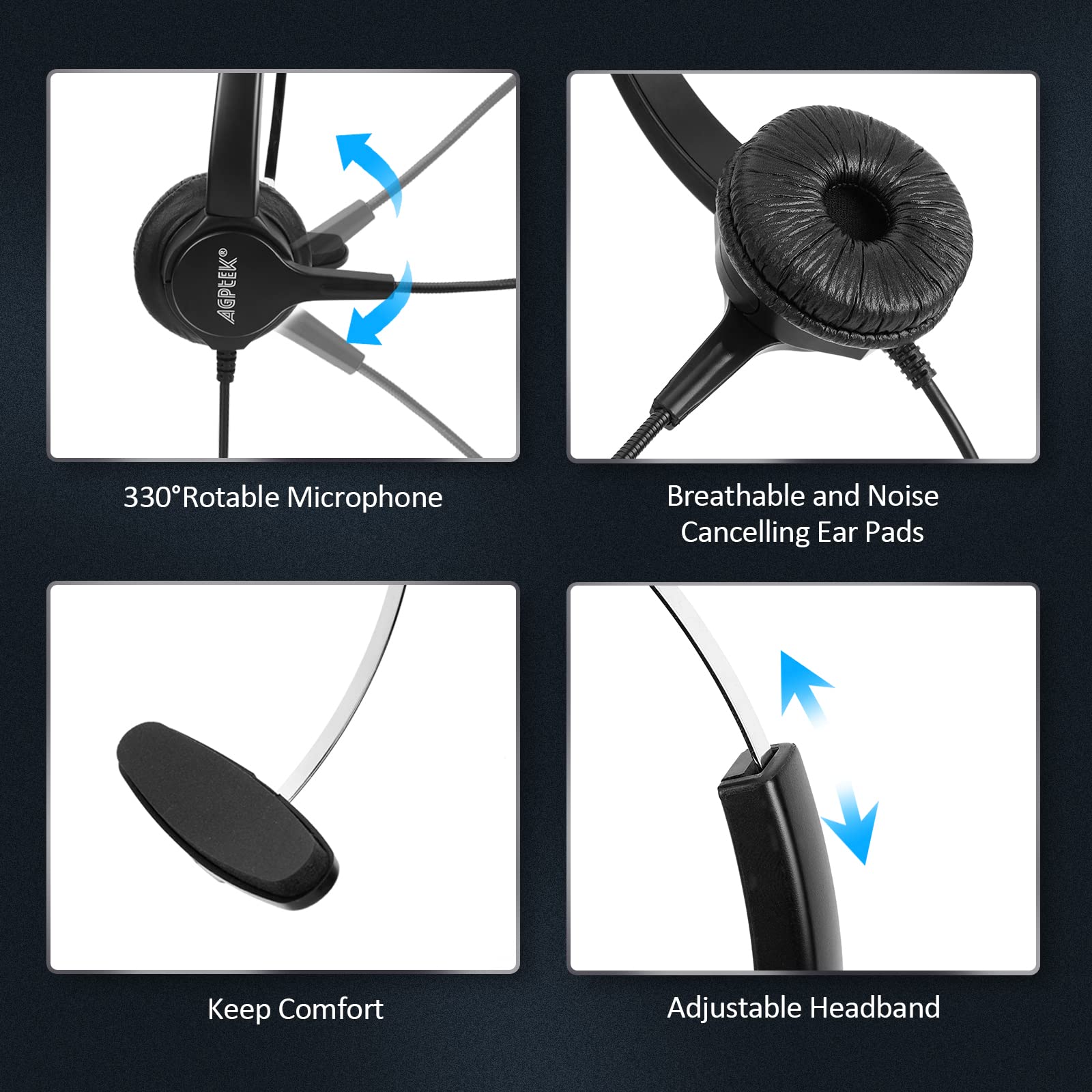 Agptek Hands Free Call Center Noise Cancelling Corded Monaural Headset Headphone For Desk Telephone With 4 Pin Rj9 Crystal Head