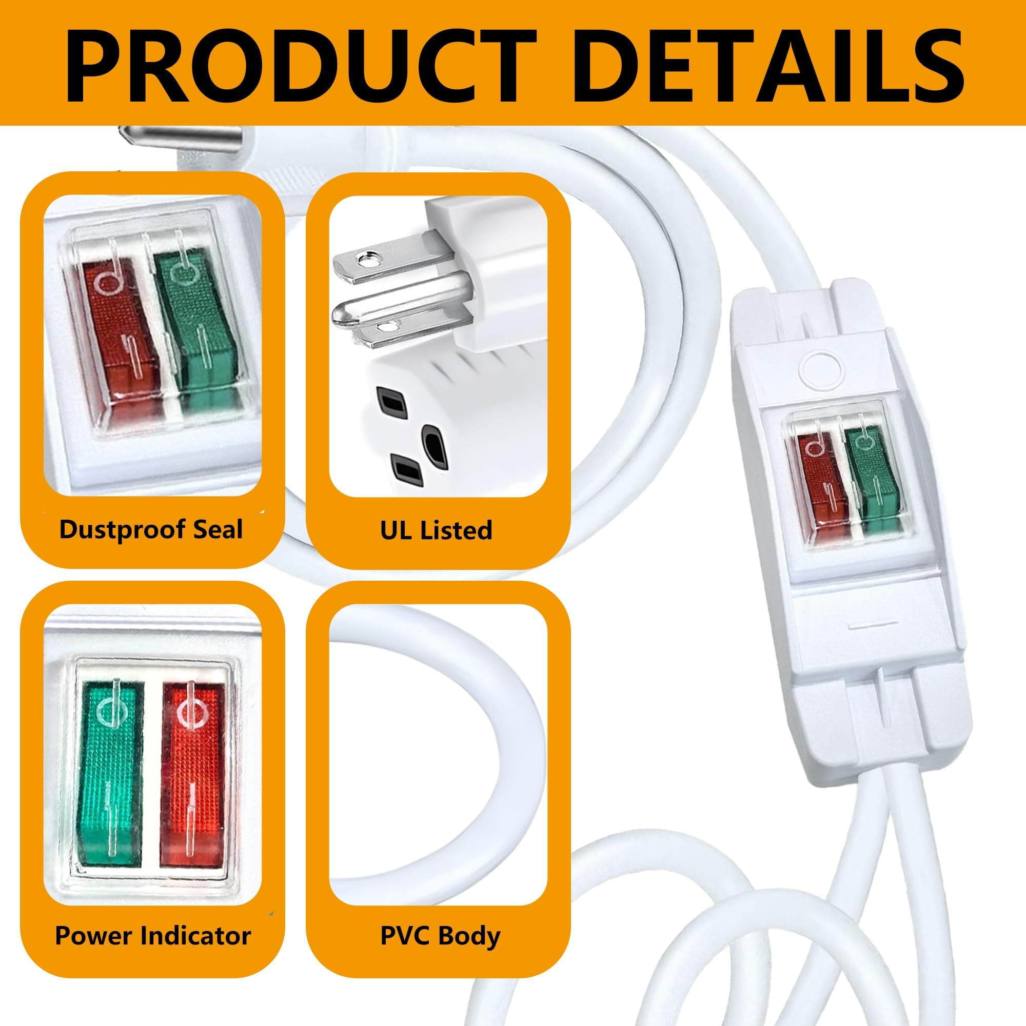 2 Way Extension Cord With On/Off Led Switch, Fiabtool 3 Prong Extension Cord Splitter, Heavy Duty Plug Splitter, Sjtw 18Awg 10A/