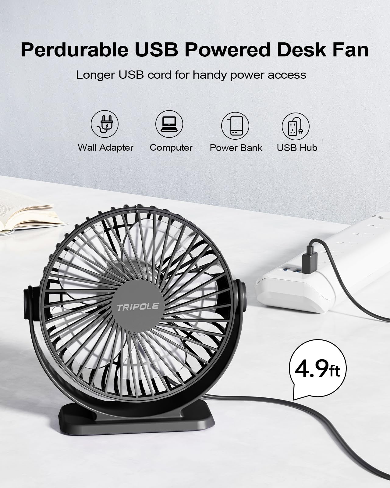 Tripole Small Desk Fan Usb Powered Portable Fan 3 Speeds Strong Airflow Mini Fan 360Rotation Personal Fan 5.1 Inch Table Fan For