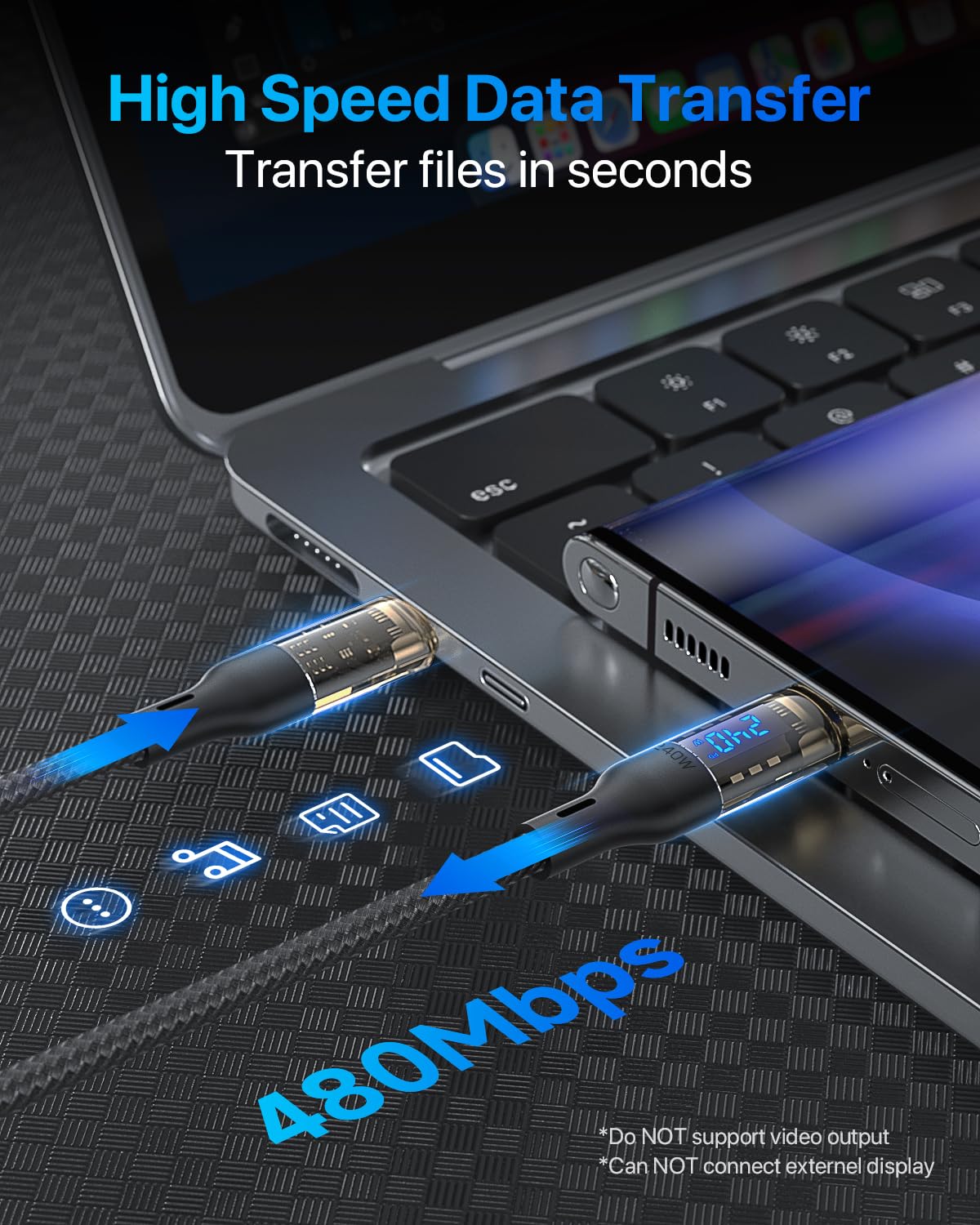 Soopii 240W Usb C To Usb C Cable[10Ft 2 Pack],Fast Charging Usb C Cable With Led Display For Macbook Pro,Lphone15/15Pro/15Promax