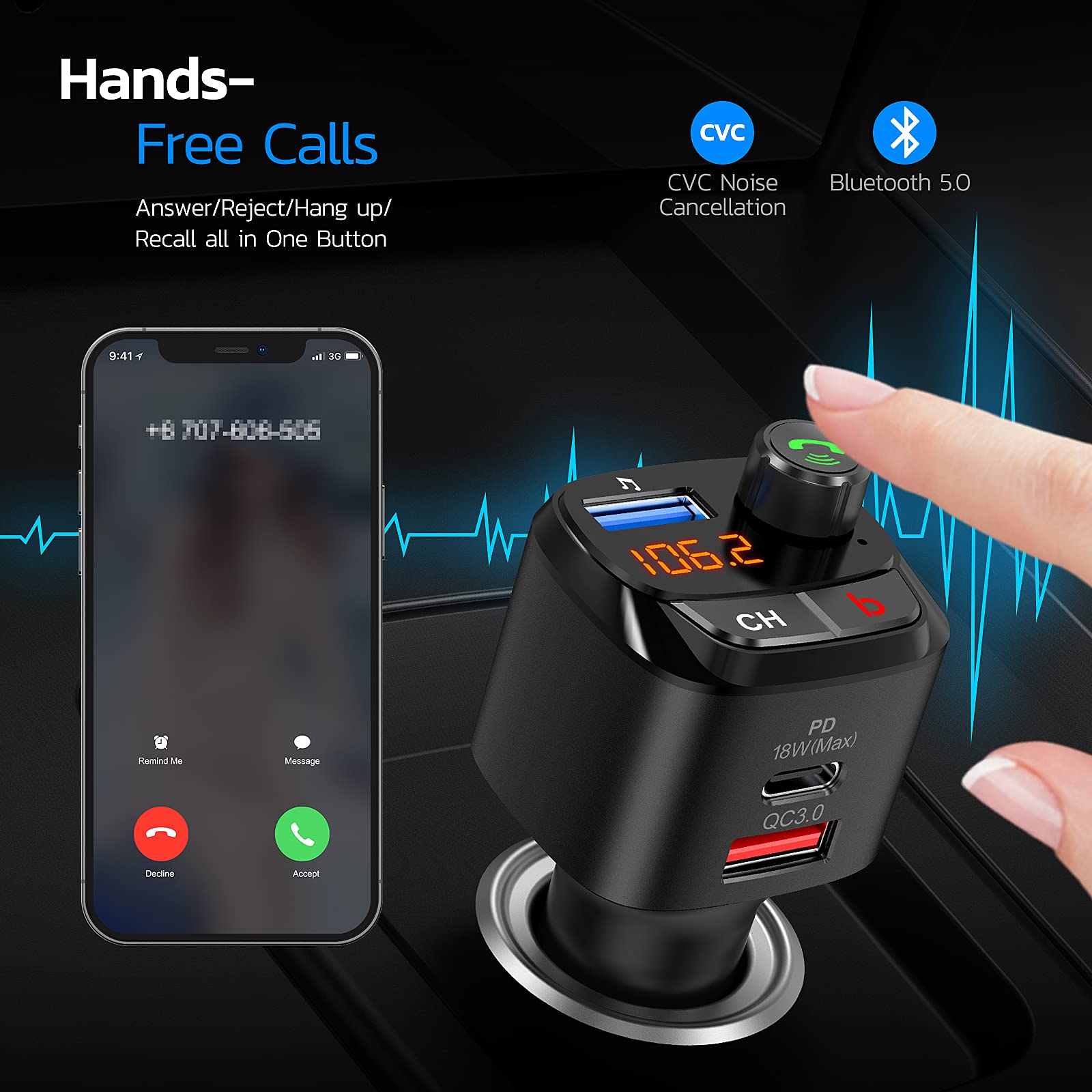 Nulaxy Bluetooth 5.0 Fm Transmitter For Car, Qc3.0 & Usb C Pd 18W Wireless Bluetooth Radio Adapter Music Player Car Kit With Bass Booster, Hands Free Calls Nx12