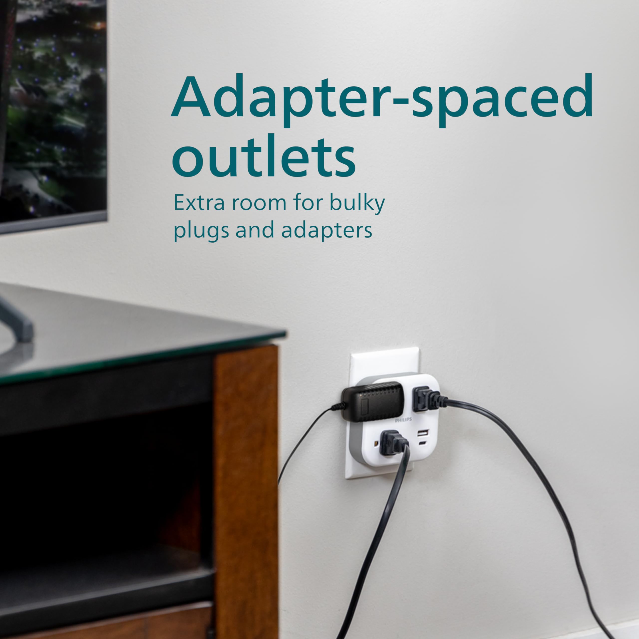 Philips 3 Outlet Surge Outlet Extender With Usb, 1 Usb A, 1 Usb C, 12W, 980J, White   Spp9393W/37