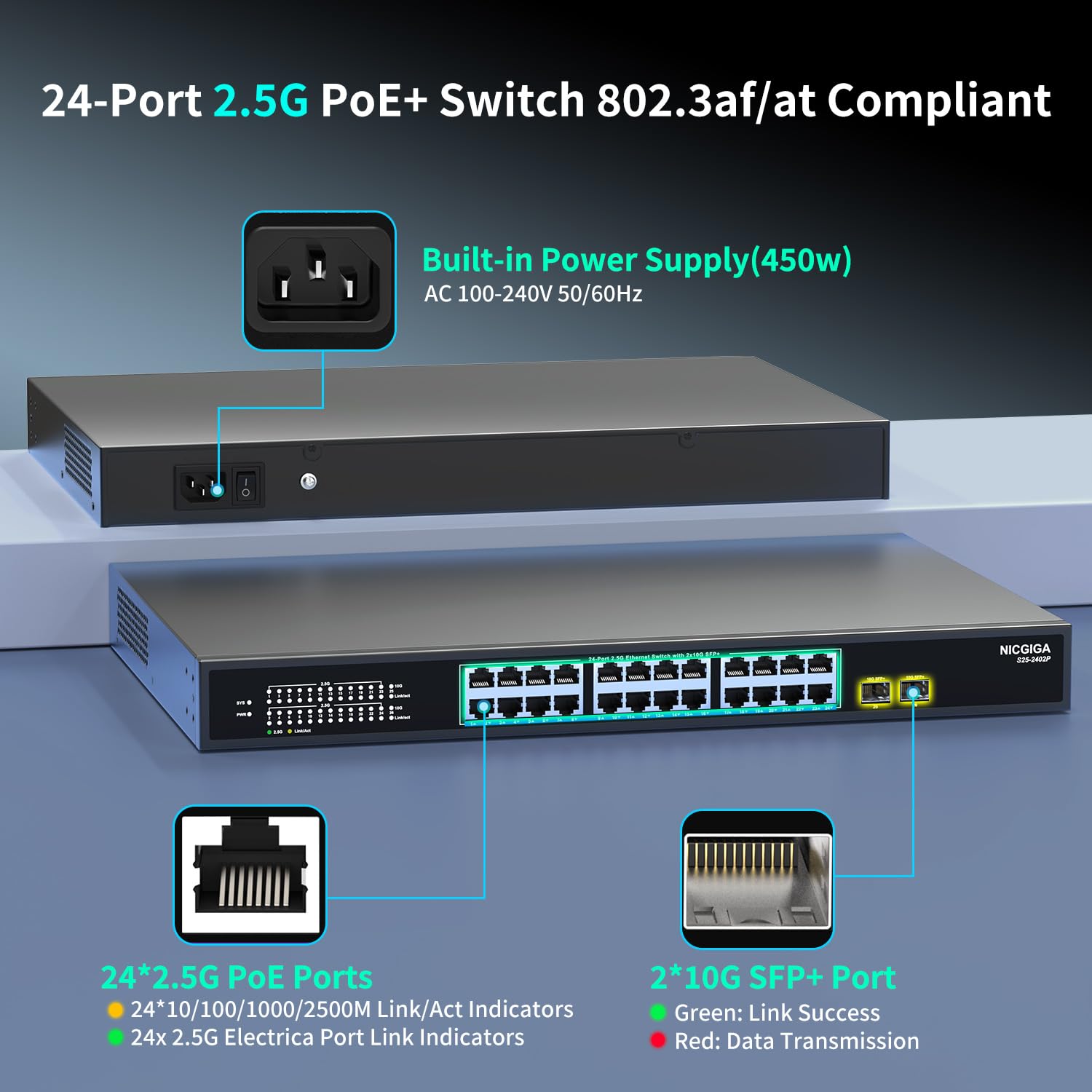 24 Port 2.5G Poe Switch Unmanaged With 24 Port 2.5Gb Base T Poe+@400W + 2 X 10G Sfp+ Uplink, Nicgiga 26 Port 2.5Gbe Ieee802.3Af/