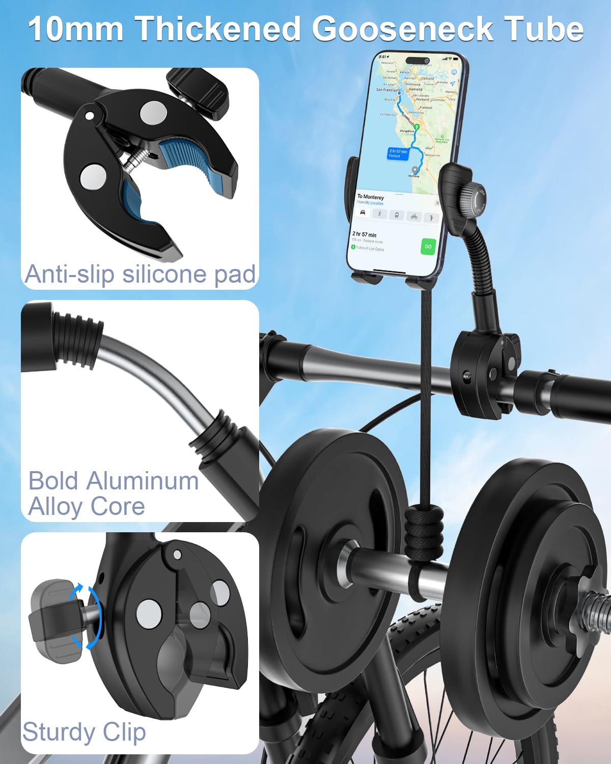 Kolasels Gooseneck Phone Holder For Bike, [Flexible Arm] Motorcycle Phone Mount, Electric Bike Cell Phone Clamp For Iphone 15 Pr