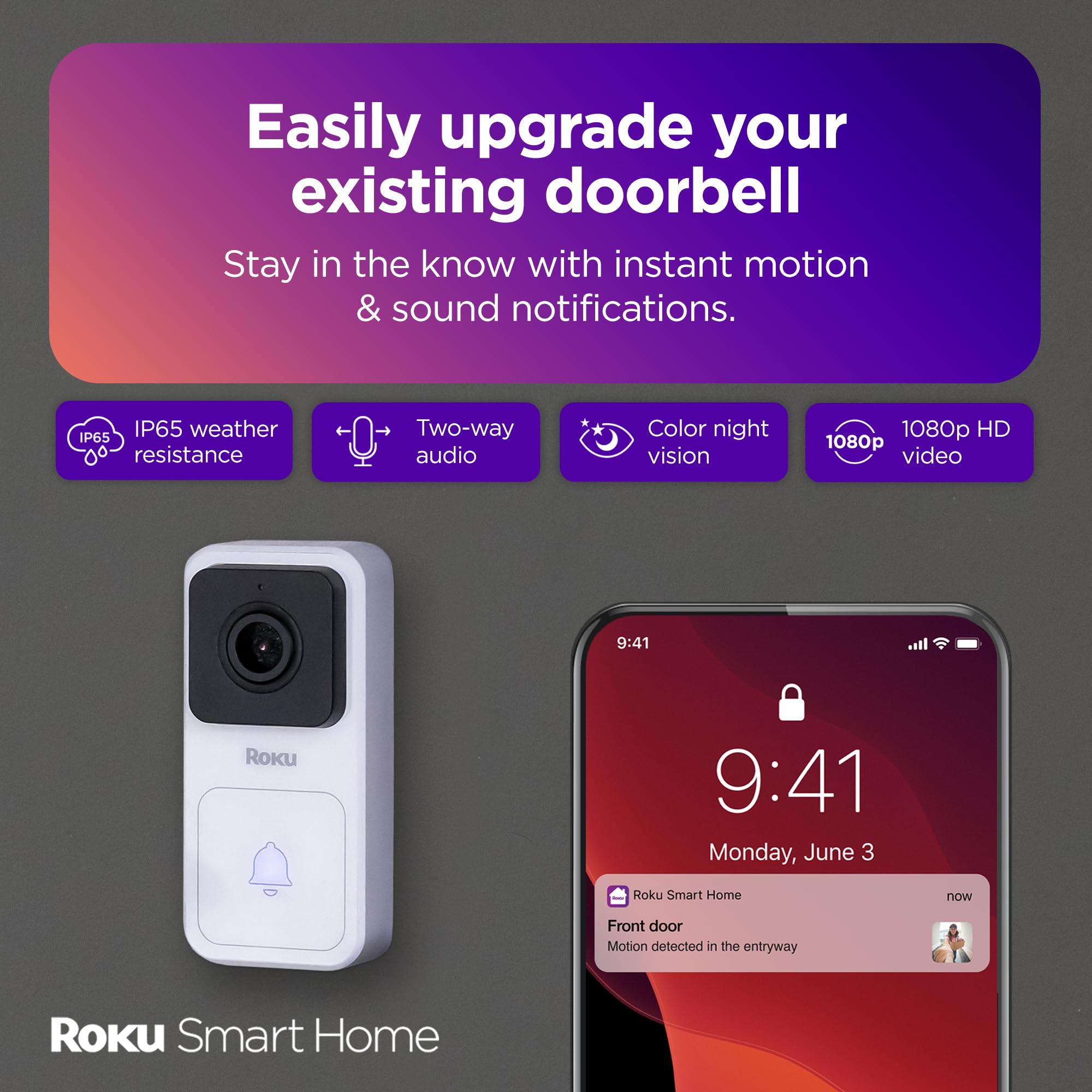 Roku Smart Home Wired Video Doorbell & Chime   1080P Hd Night Vision Ultrawide View Doorbell Camera With Motion & Sound Detectio