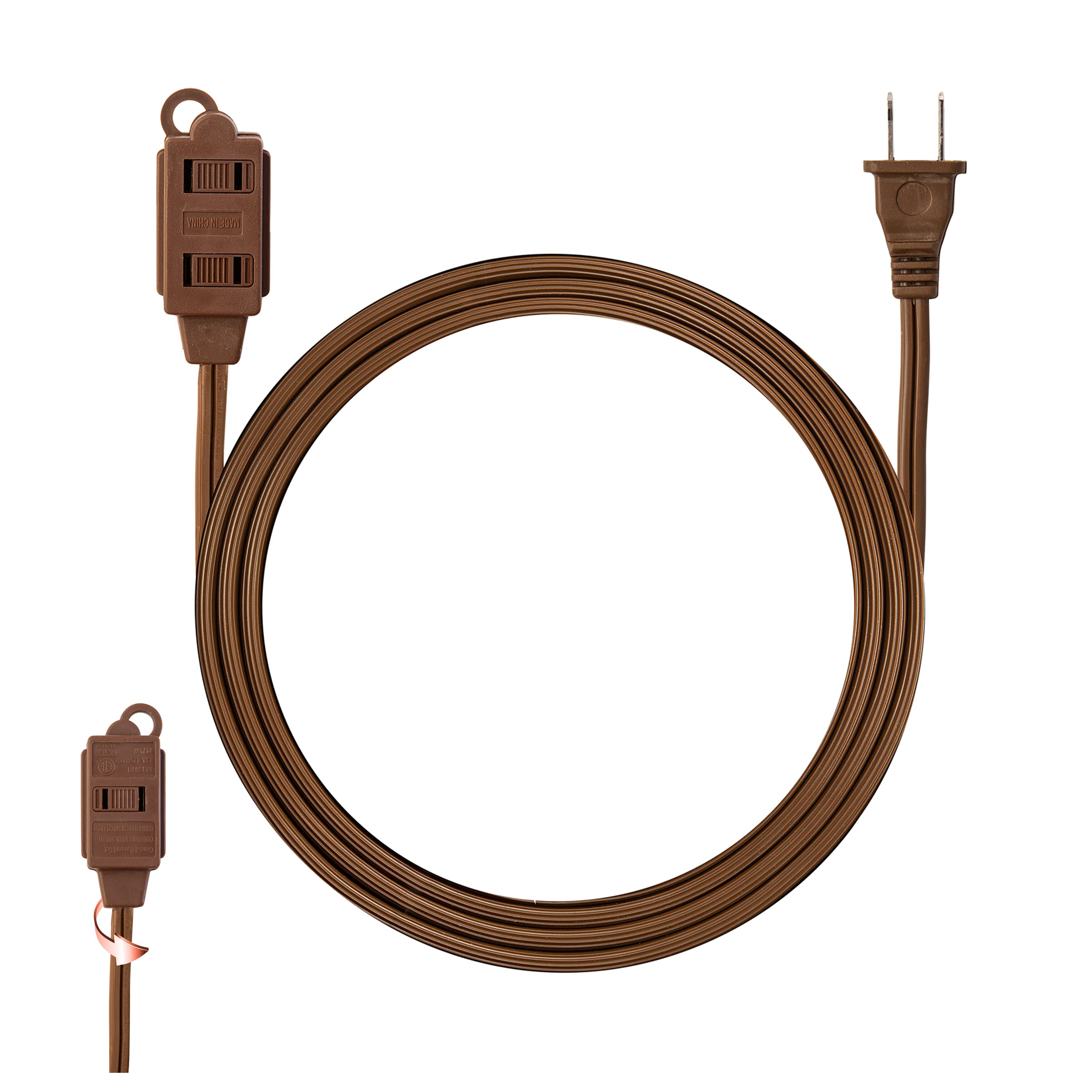 4 Feet Brown Extension Cord, 3 Outlet 2 Prong 16 Gauge Cable, Indoor Use, 3 Receptacle Cube Tap, Extension Cord   By Revpex