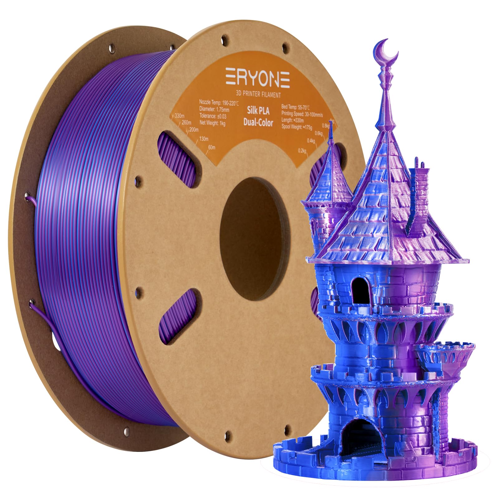 Eryone Silk Dual Color Filament Pla 3D Printer 1.75Mm +/  0.03Mm, Coextrusion Filament Pla Shiny Filament 1Kg(2.2Lbs), Purple&Bl
