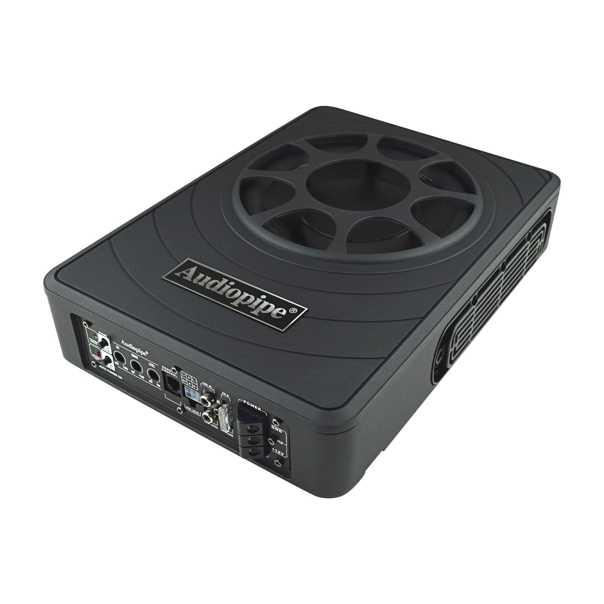 Audiopipe 8'' Low Profile Amplified Subwoofer (Aplp 8300), 350W, Compact, Mosfet Circuit, Rca, Phase Switch, Bass Boost Control,