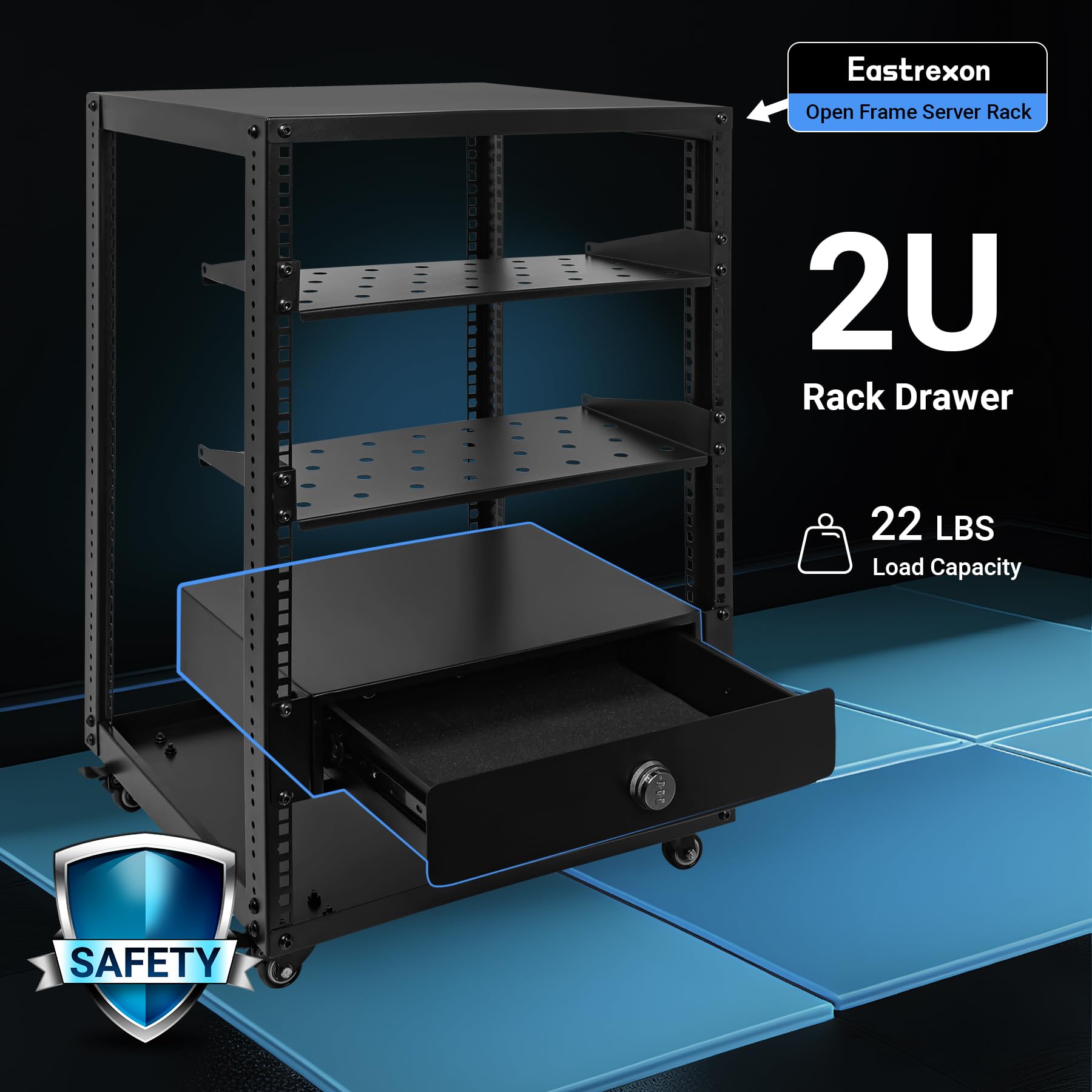 Eastrexon 2U Rack Mount Drawer, Server Rack Drawer W/Combination Lock & Foam Pad, Powder Coated Locking Rack Drawer For 19 Inch