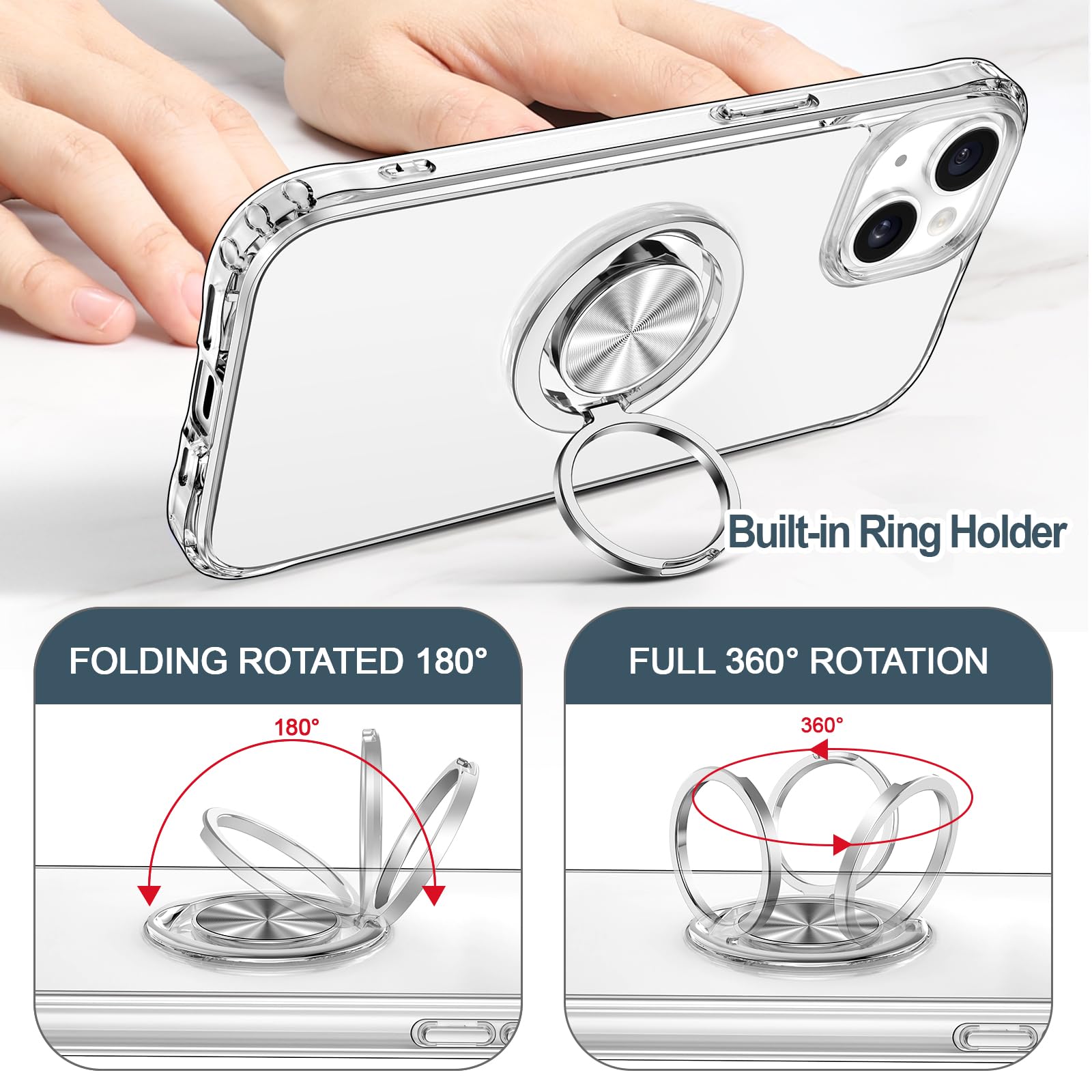 Hython Clear For Iphone 15 Case With Ring Stand [360 Rotatable Ring Holder Magnetic Kickstand] [Support Car Mount] Transparent H