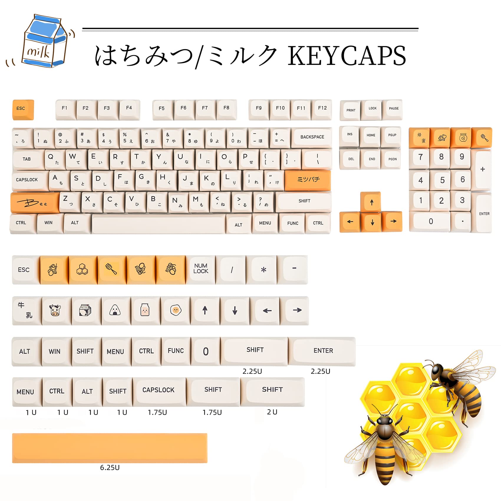 Guffercty Kred Gtsp Xda Honey Milk Keycaps Pbt Japanese Bee Keycap 140 Key Set For Cherry Mx Covers Fullsize 60% 65% 75% Keyboar