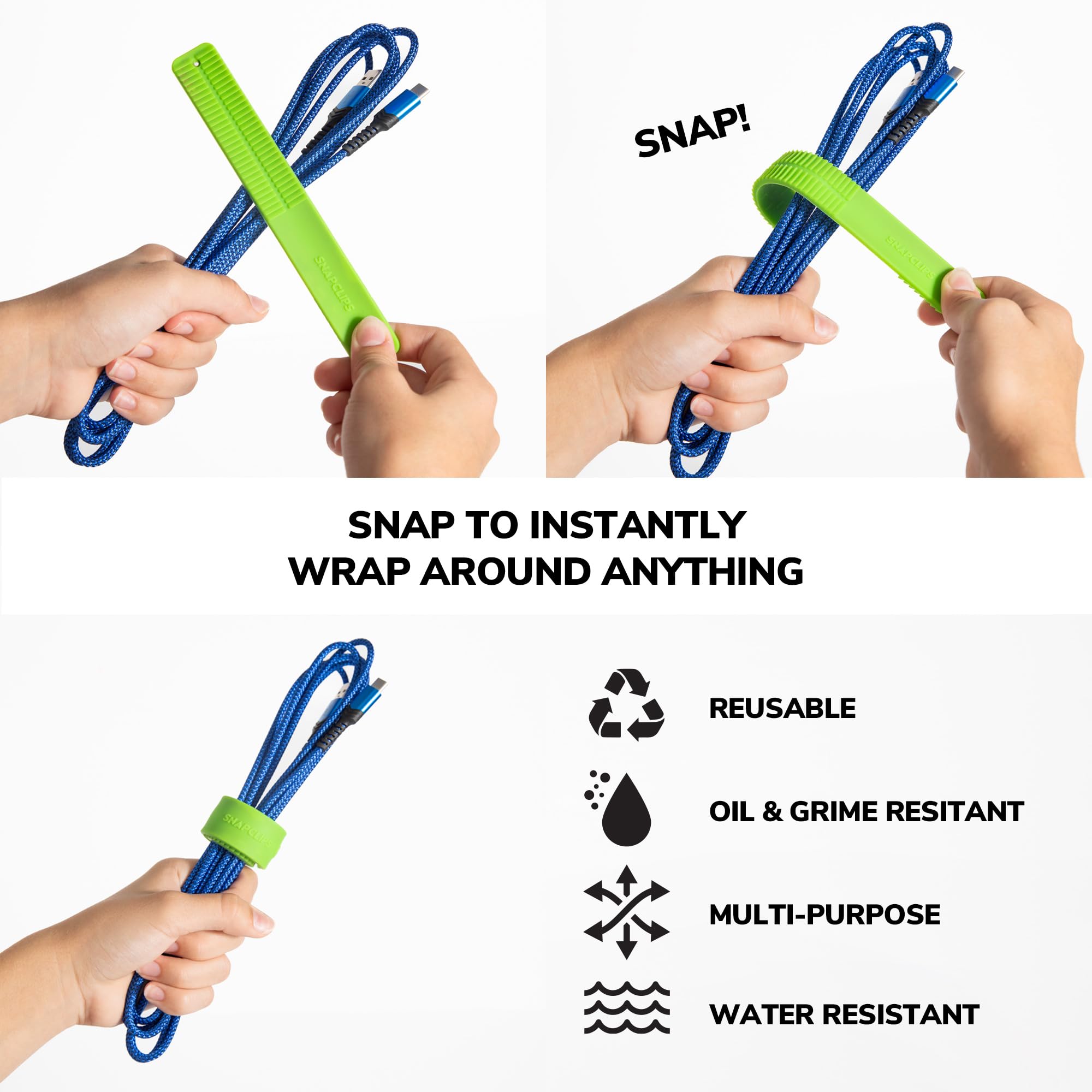 SnapClips Heavy Duty Extension Cord Organizer Straps Reusable Rubber Gray 6 Inch SF06202