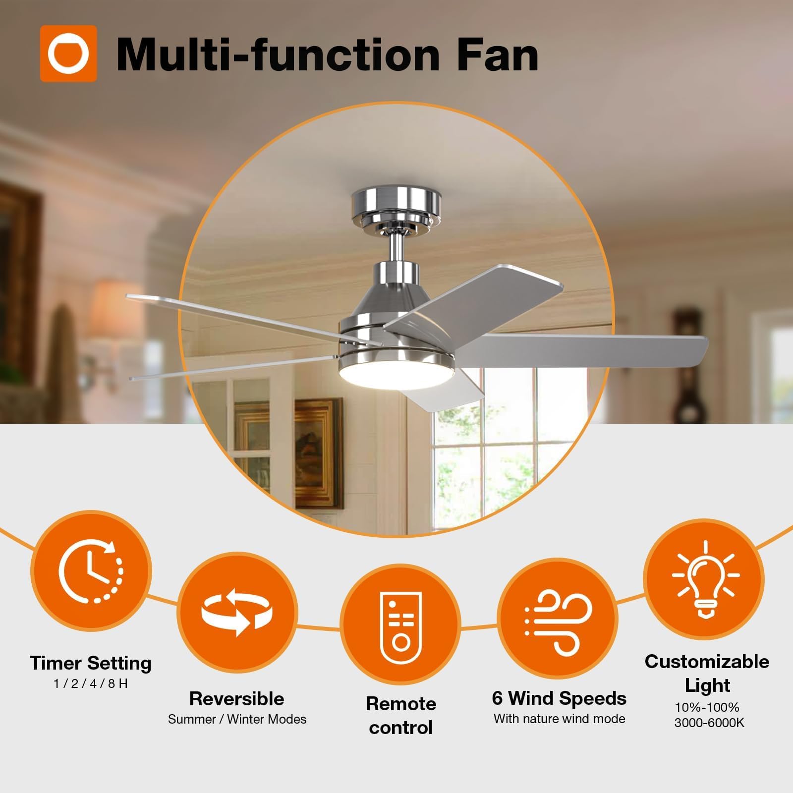 Addlon Ceiling Fans With Lights, 42 Inch Nickel Ceiling Fan With Light And Remote Control, Reversible, 3Cct, Dimmable, Noiseless