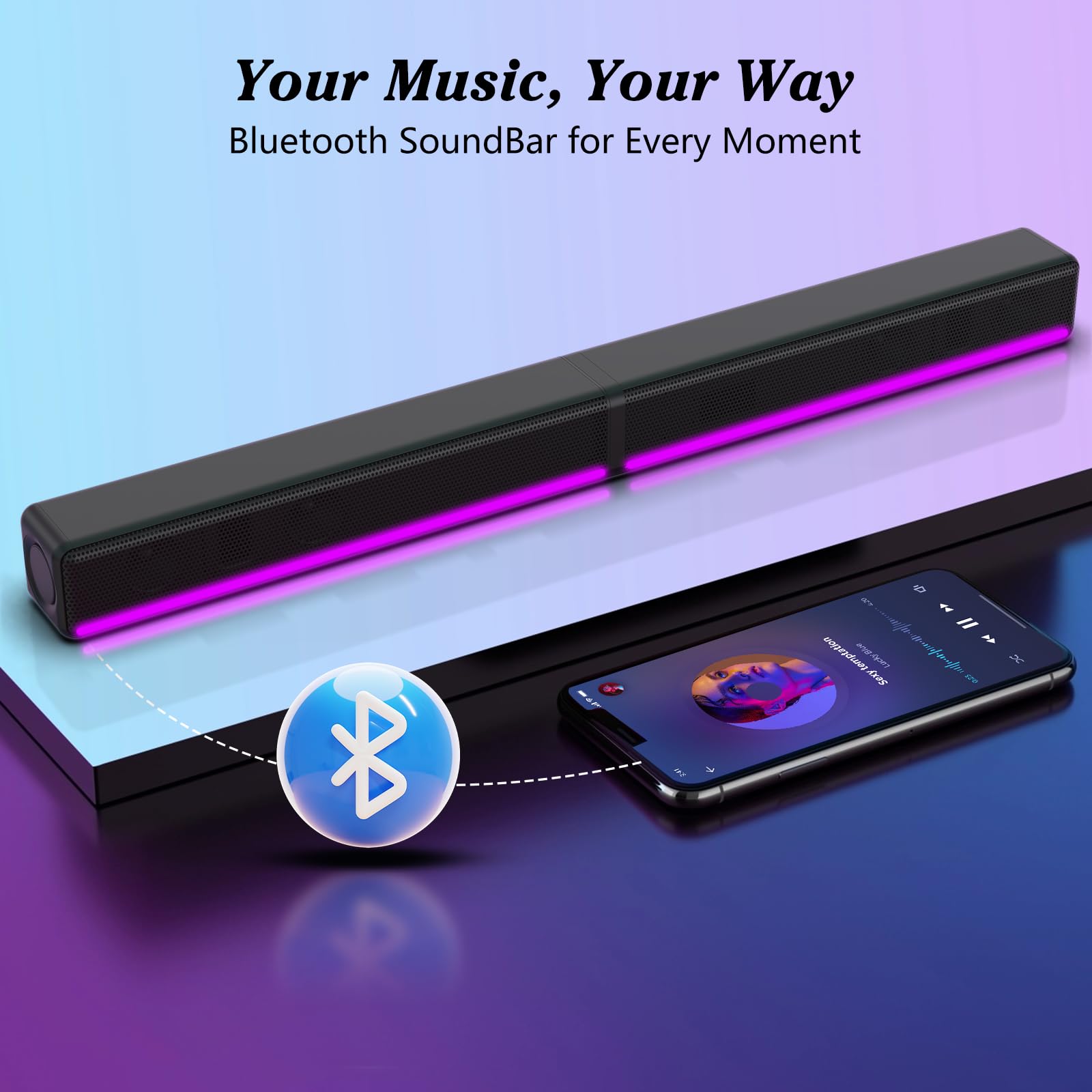 Tv Sound Bar, Soundbar With Rgb Led Lights & 2.1Ch Bluetooth Speaker Surround System, 180W Surround Sound, Aux/Optical/Hdmi Arc